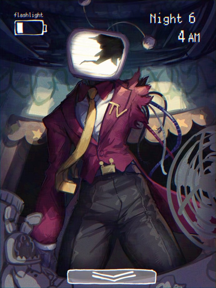iq2coore, ant tenna, deltarune, five nights at freddy's, utdr (toby fox), 1boy, battery indicator, belt, black pants, cable, collared shirt, cracked screen, crt, electric fan, humanoid robot, indoors, male focus, mechabare, missing limb, necktie, object head, pants, parody, radio antenna, robot, shirt, solo, stuffed toy, tailcoat, timestamp, torn clothes, white shirt, yellow necktie