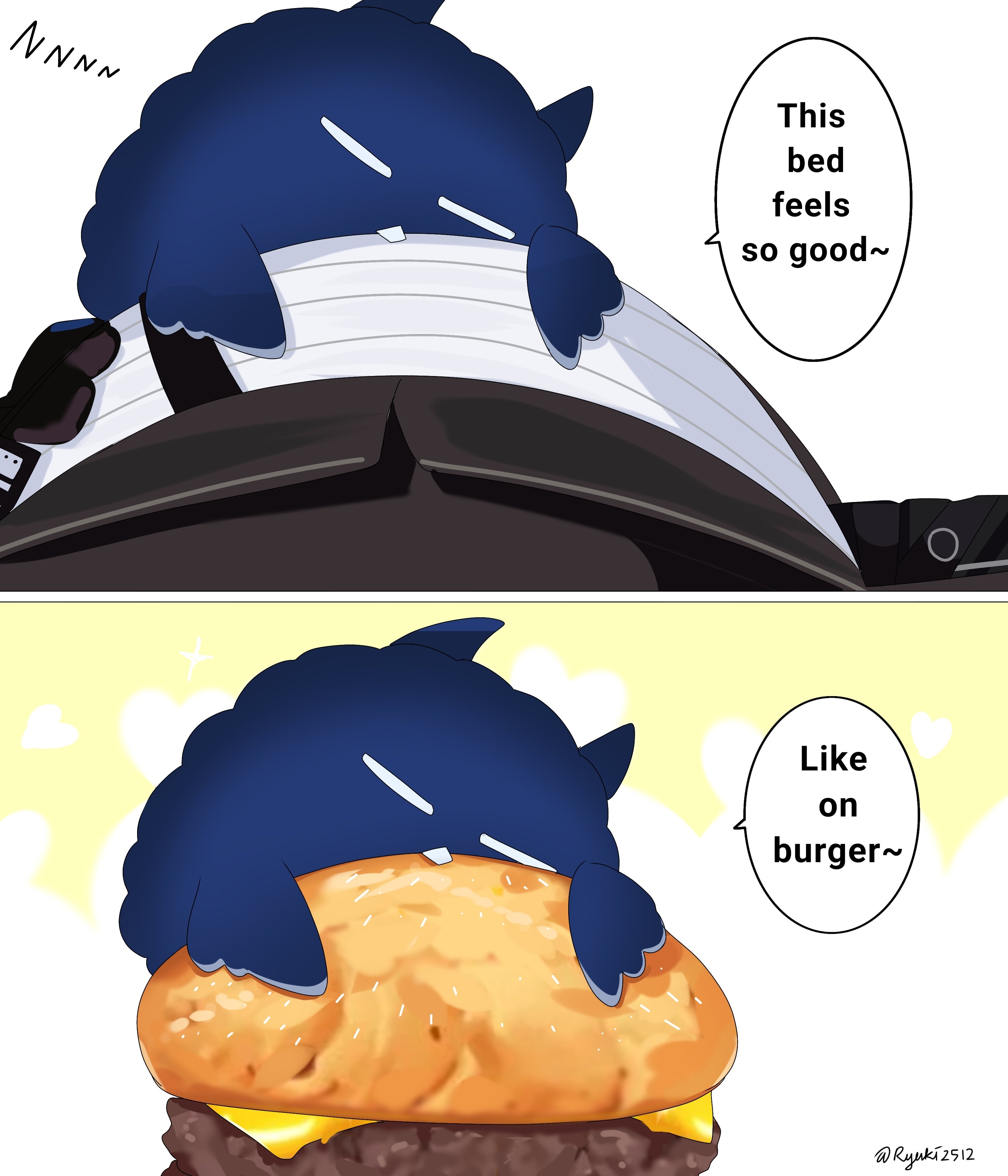 ryuuki (artist), jailbird (nerissa ravencroft), nerissa ravencroft, nerissa ravencroft (1st costume), hololive, hololive english, absurdres, highres, 1girl, bread bun, breasts, burger, cheese, closed eyes, english text, food, large breasts, meat, shirt, speech bubble, virtual youtuber, white shirt