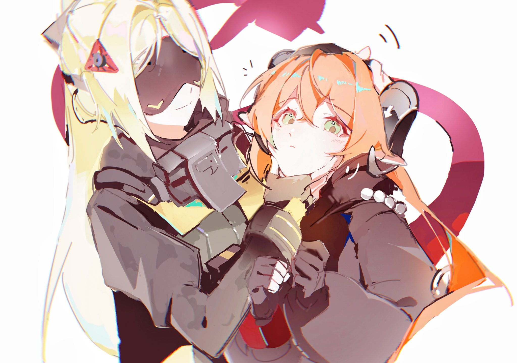 coloki, orphie magnusson, trigger (zenless zone zero), zenless zone zero, highres, 2girls, ammunition, asymmetrical gloves, black horns, black jacket, blindfold, blonde hair, blush, camouflage, camouflage jacket, covered eyes, dragon girl, dragon horns, eye mask, fingerless gloves, gloves, glowing mask, green eyes, hair ornament, hand on another's chin, hand on another's head, hat, horns, jacket, mechanical horns, mechanical tail, mismatched gloves, multiple girls, orange hair, orange pupils, ponytail, single fingerless glove, tail, triangle hair ornament, white background, zipping
