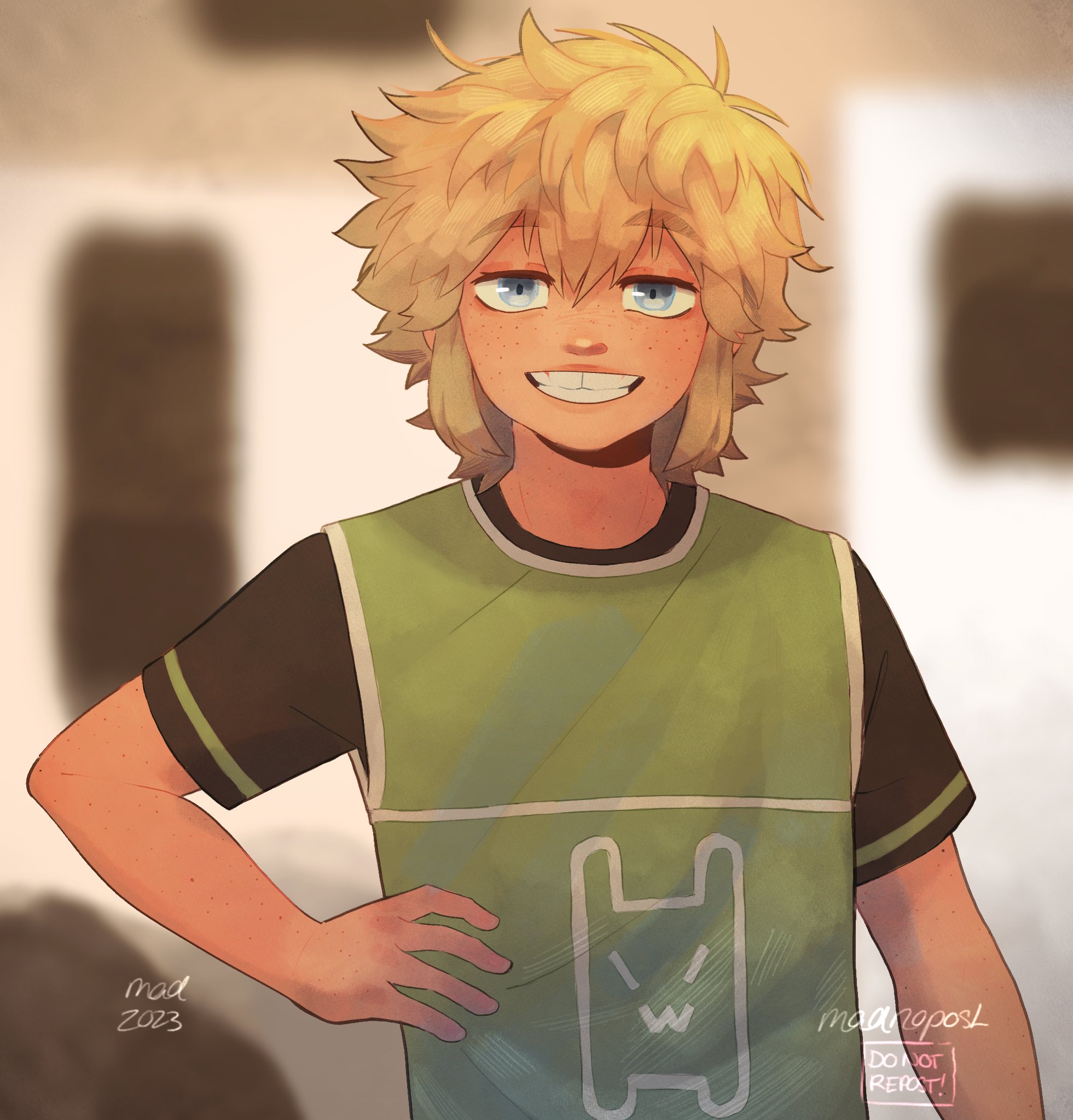 madnopost, basil (faraway) (omori), basil (omori), jerma985, omori, highres, 1boy, 2023, alternate costume, alternate universe, antenna hair, artist name, blonde hair, blue eyes, blurry, blurry background, double-parted bangs, freckles, hand on own hip, indoors, looking at viewer, male focus, meme, open mouth, short hair, short sleeves, smile, solo, sparkle on! it's wednesday! don't forget to be yourself! (meme), teeth, tooth gap