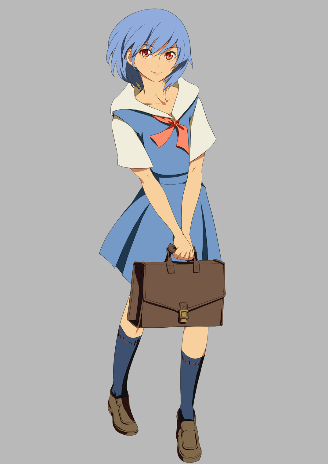 mebae, ayanami rei, neon genesis evangelion, highres, bag, blue hair, red eyes, satchel, school bag, school uniform, serafuku, short hair, smile, solo