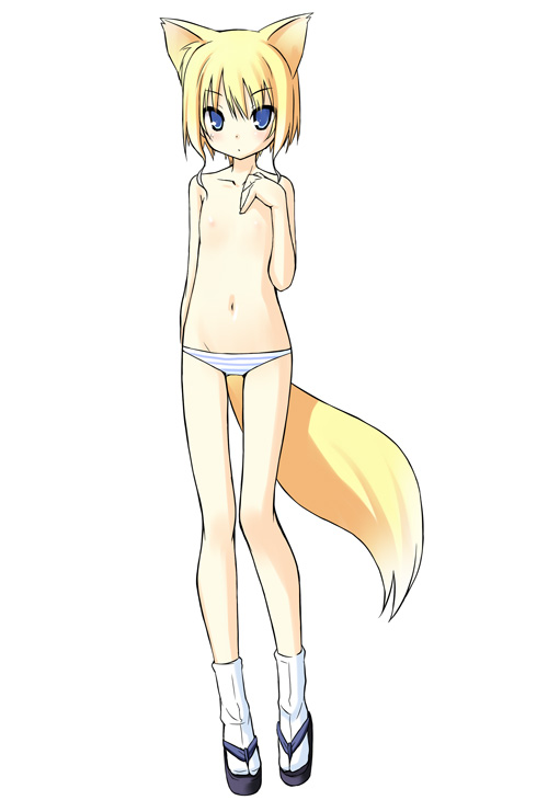 poco (asahi age), kitsune (poko), shiratama kitsune, original, 1girl, animal ears, blonde hair, blue eyes, female focus, flat chest, fox ears, fox tail, lowleg, lowleg panties, navel, nipples, panties, short hair, socks, solo, striped clothes, striped panties, tabi, tail, thigh gap, topless female, underwear