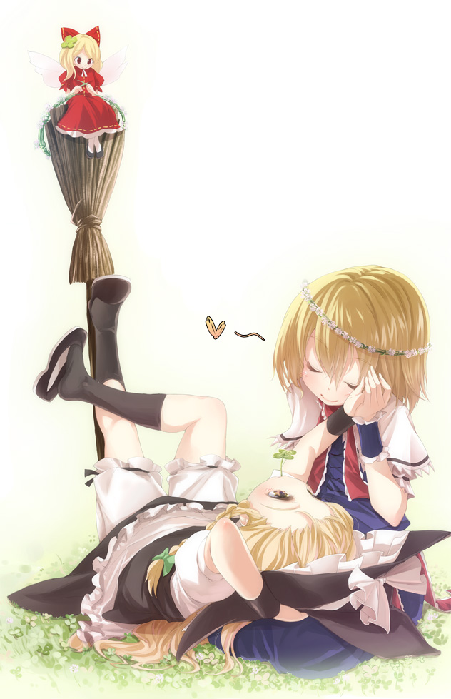 buriki, alice margatroid, kirisame marisa, shanghai doll, touhou, 2girls, blonde hair, broom, closed eyes, couple, crossed legs, doll, feet, female focus, hand on another's cheek, hand on another's face, hat, head wreath, heart, lap pillow, long hair, looking at another, lying, mouth hold, multiple girls, on back, ribbon, shoe dangle, sitting, smile, witch, witch hat, yuri
