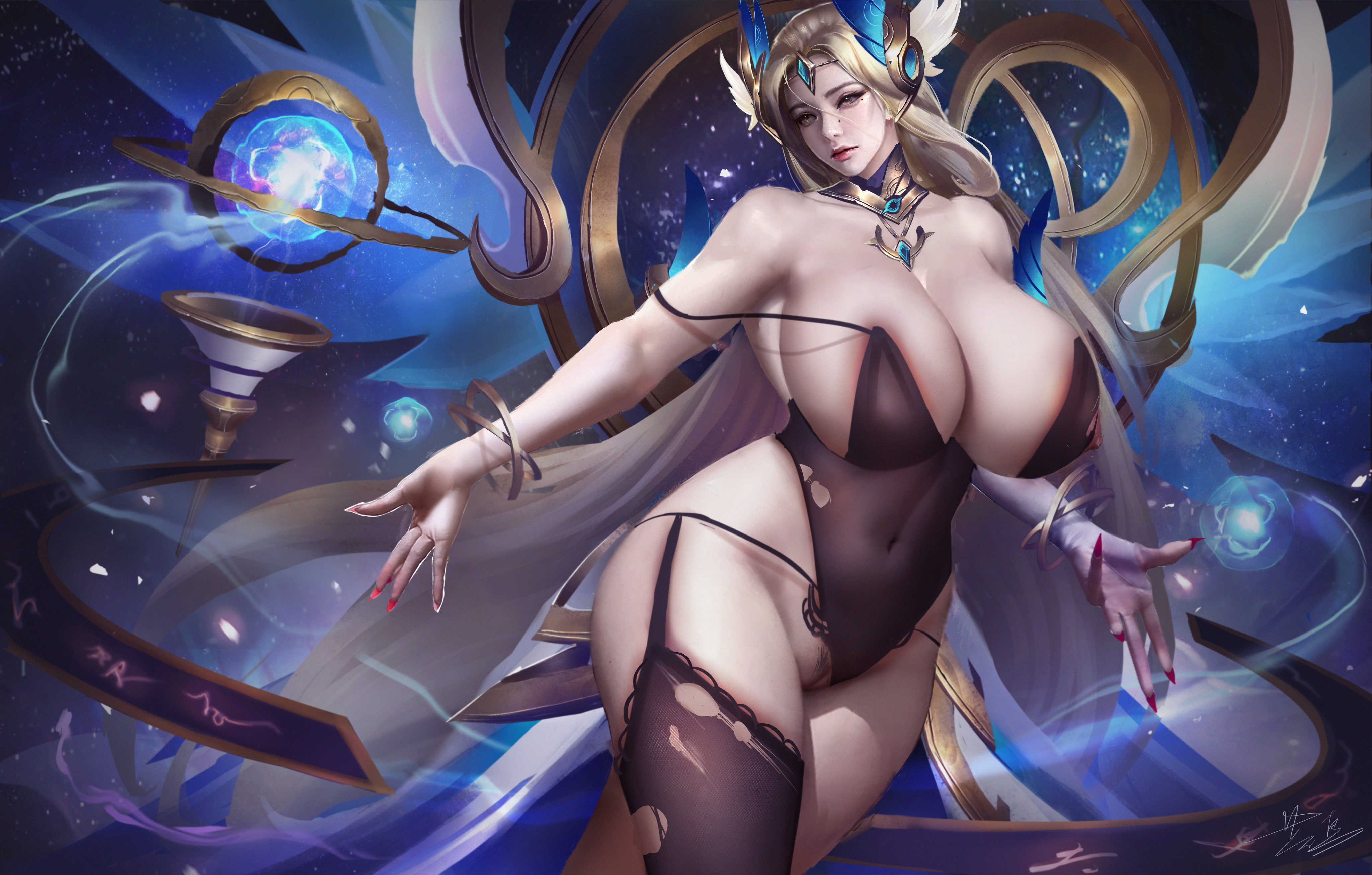 yuezoucanglan, highres, 1girl, areola slip, bare shoulders, black thighhighs, blonde hair, bracelet, breasts, cleavage, covered navel, forehead jewel, garter straps, huge breasts, jewelry, leotard, long hair, looking at viewer, orb, red nails, signature, single thighhigh, solo, thighhighs, torn clothes, torn thighhighs, very long hair