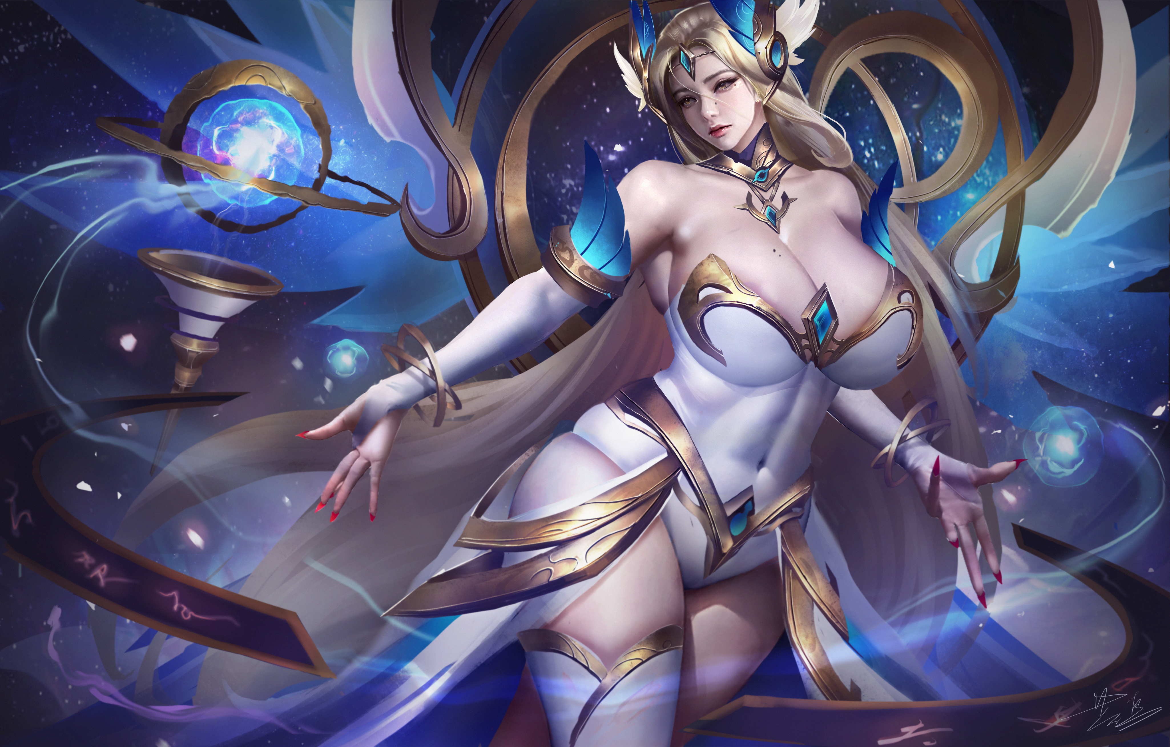 yuezoucanglan, highres, 1girl, bare shoulders, blonde hair, bracelet, breasts, cleavage, detached sleeves, forehead jewel, gloves, huge breasts, jewelry, leotard, long hair, looking at viewer, mole, mole on breast, orb, red nails, signature, solo, thighhighs, very long hair, white thighhighs, wings