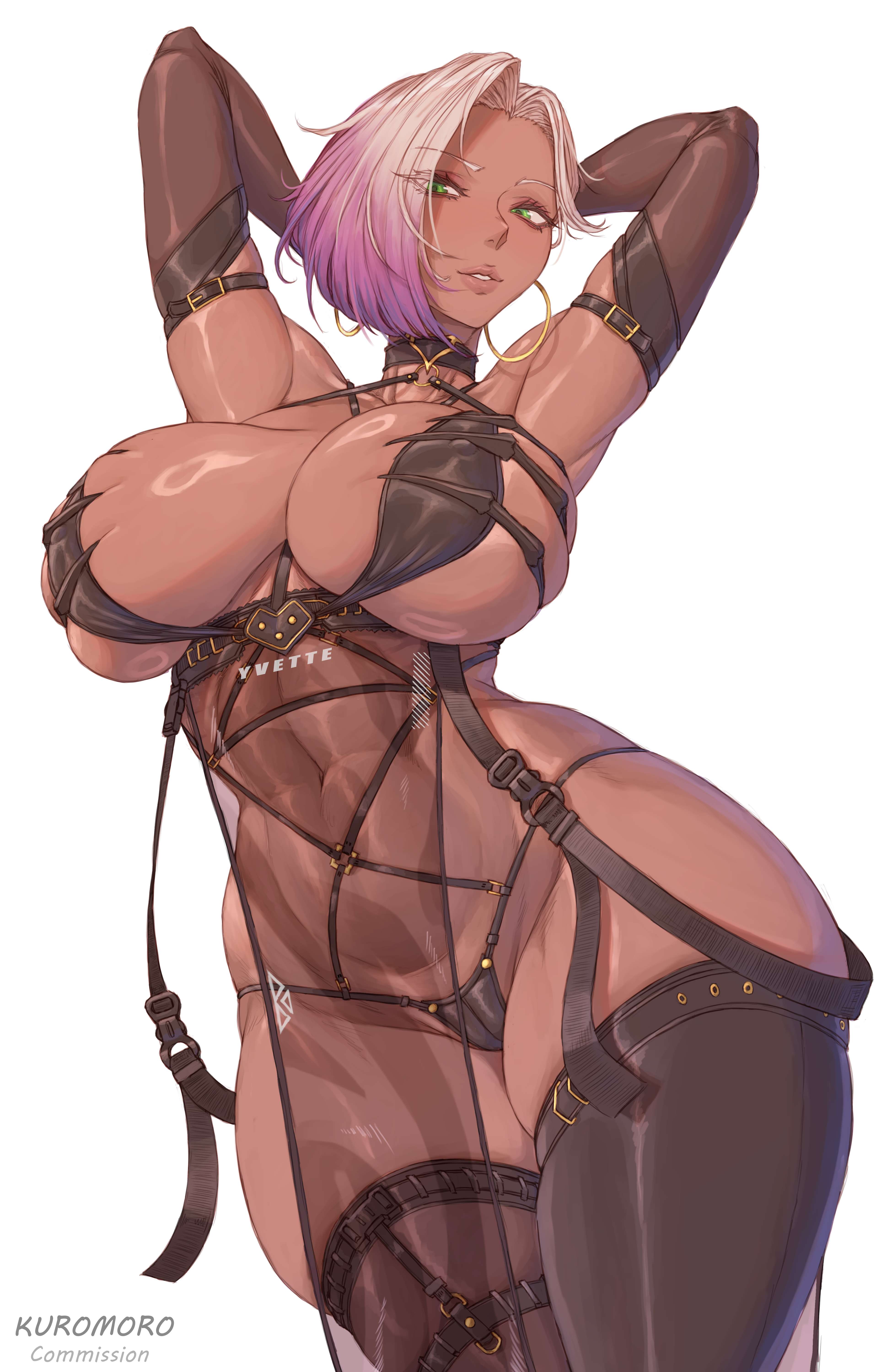 kuromoro, original, commission, 1girl, arms behind head, artist name, black thighhighs, breasts, chocolate, dark-skinned female, dark skin, earrings, elbow gloves, female focus, gloves, green eyes, hoop earrings, jewelry, large breasts, legs together, lips, parted lips, pink hair, shiny skin, short hair, simple background, skindentation, solo, standing, thighhighs, thighs, white background