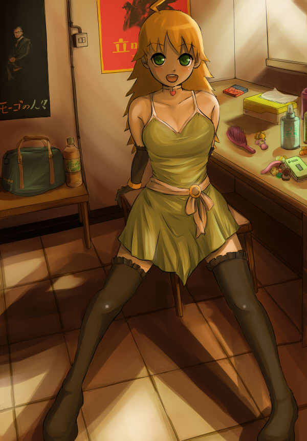 maruwa tarou, hoshii miki, idolmaster, idolmaster (classic), idolmaster 1, 00s, 1girl, blonde hair, choker, elbow gloves, female focus, gloves, green eyes, happy, long hair, solo, thighhighs