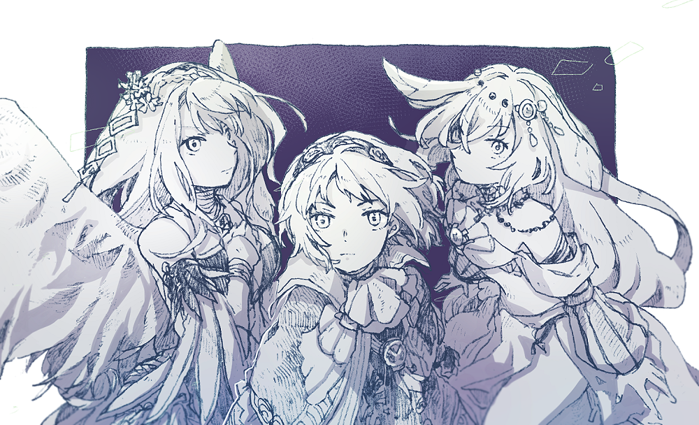 michibata 65, melina (another eden), mistrare (another eden), another eden, commentary request, 3girls, ascot, bandeau, bare shoulders, border, breasts, capelet, closed mouth, detached sleeves, dress, feathered wings, floating hair, flower, from above, hair flaps, hair flower, hair ornament, hairband, hand on own chest, hatching (texture), jewelry, linear hatching, long hair, looking at viewer, looking to the side, looking up, medium breasts, milsha (another eden), monochrome, multiple girls, necklace, outside border, puffy sleeves, purple background, purple theme, short hair, side slit, sideways glance, simple background, skirt, sleeveless, sleeveless dress, standing, stomach, v-shaped eyebrows, very long hair, white border, wings