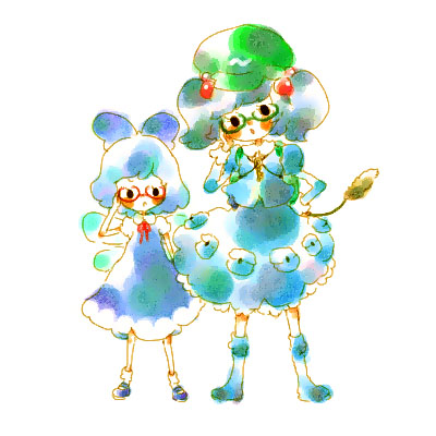 mana (artist), cirno, kawashiro nitori, touhou, lowres, 2girls, adjusting eyewear, bespectacled, female focus, glasses, hair bobbles, hair ornament, multiple girls, two side up