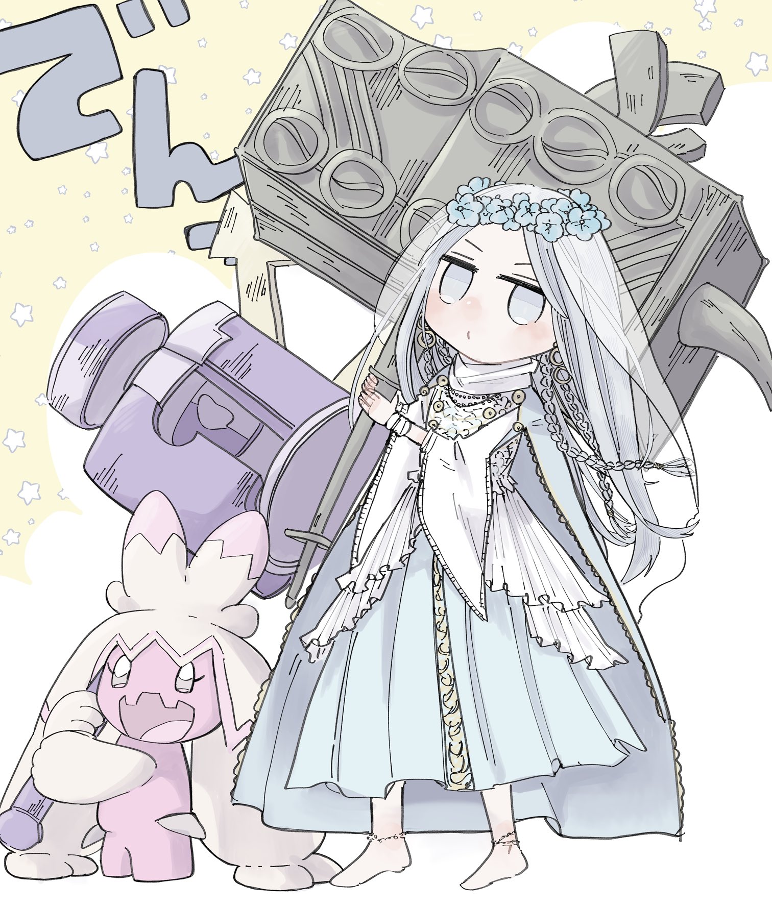 revenant (elden ring), tinkaton, elden ring, elden ring nightreign, nintendo, pokemon, pokemon sv, commentary request, highres, 1girl, :d, blue dress, braid, colored skin, dress, flower wreath, full body, hammer, hands up, head wreath, holding, holding hammer, huge weapon, jewelry, jitome, long hair, low twin braids, necklace, nimono yoru, open mouth, pink hair, pink skin, pokemon (creature), smile, standing, twin braids, v-shaped eyebrows, veil, weapon, white dress, white eyes, white hair, wide sleeves