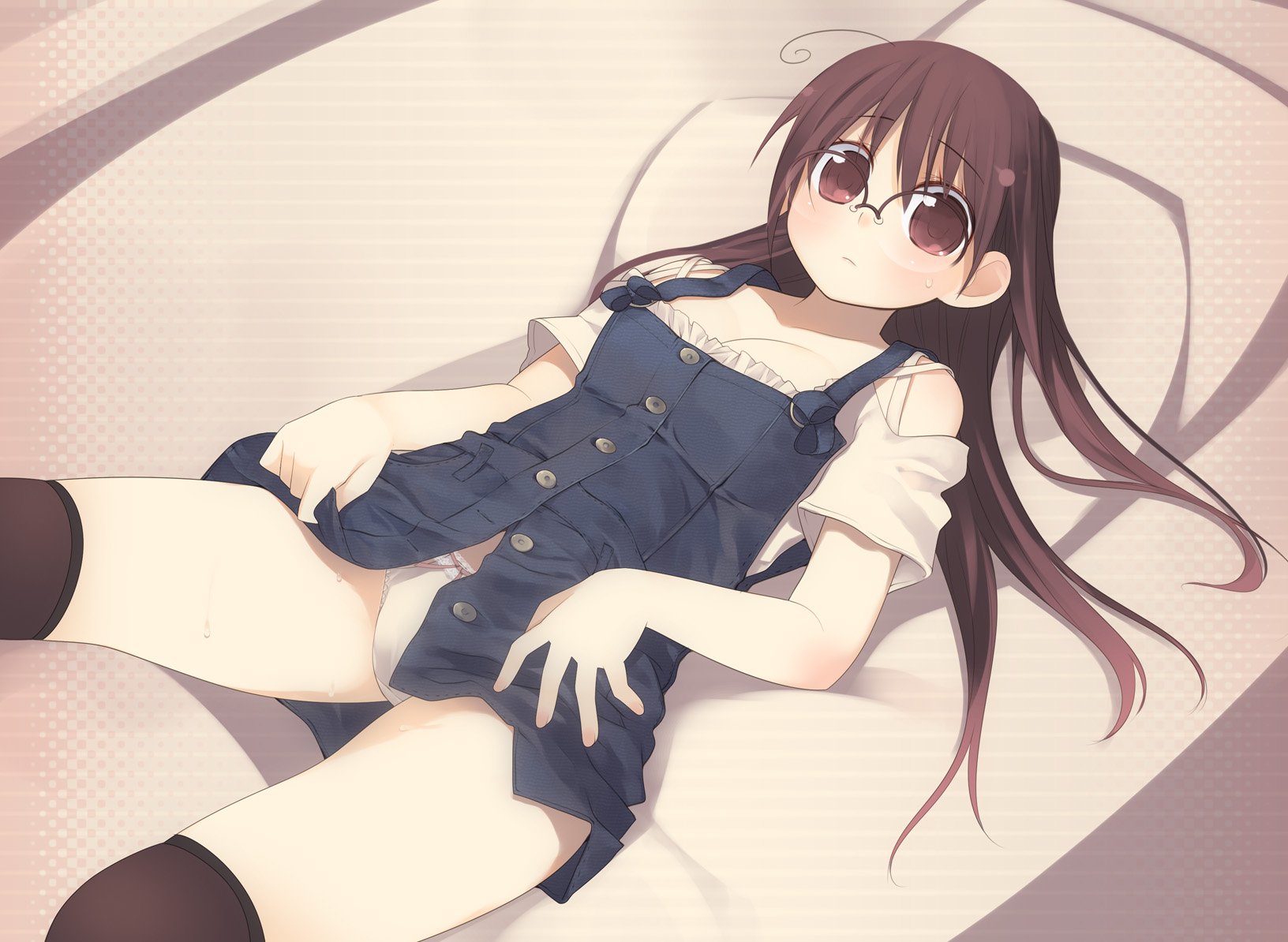kashiwamochi yomogi, arima senne, original, highres, 1girl, bare shoulders, black thighhighs, blush, brown eyes, brown hair, clothes lift, dress, dress lift, female focus, glasses, long hair, looking at viewer, lying, on back, open clothes, open dress, over-rim eyewear, panties, pillow, red eyes, semi-rimless eyewear, short sleeves, solo, sweatdrop, thighhighs, underwear, white panties