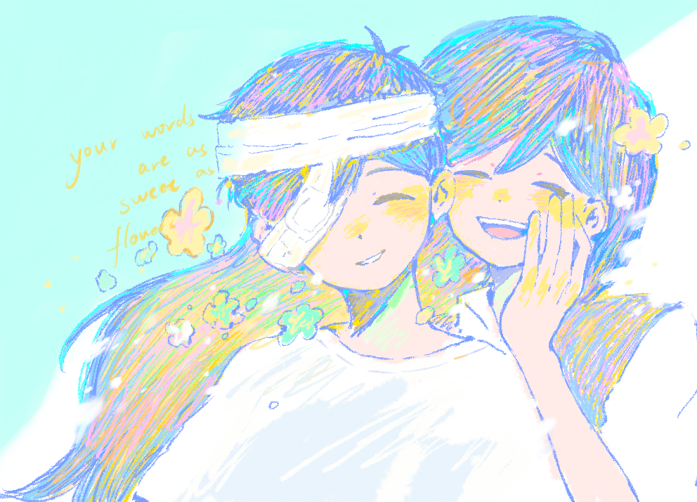 jukttgsnle9824, mari (headspace) (omori), mari (omori), sunny (omori), omori, spoilers, 1boy, 1girl, antenna hair, bandaged head, bandages, blush, closed eyes, double-parted bangs, english text, eyepatch, flower, hair flower, hair ornament, hospital gown, long hair, medical eyepatch, parted lips, short hair, short sleeves, smile, teeth, tongue, upper teeth only