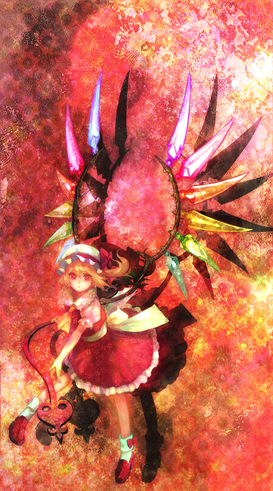 hiroko (artist), hiroko (keshika), flandre scarlet, nakako, touhou, bad id, bad pixiv id, 1girl, blonde hair, female focus, hat, mob cap, ponytail, ribbon, short hair, socks, solo, wings