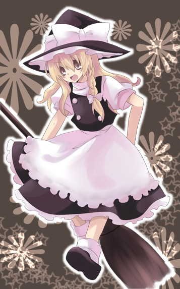 kokoro na, kirisame marisa, touhou, bad id, bad pixiv id, 1girl, blonde hair, braid, broom, broom riding, dress, female focus, full body, hat, long hair, ribbon, smile, socks, solo