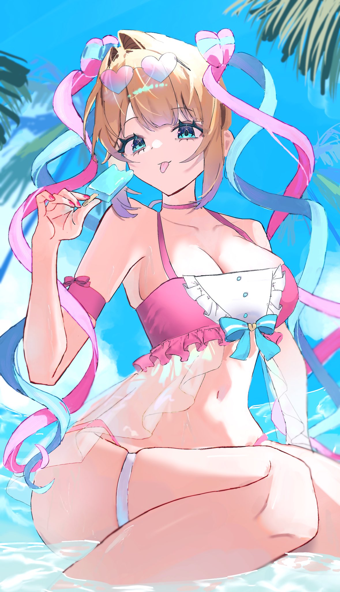 nakataa 7, chouzetsusaikawa tenshi-chan, needy girl overdose, highres, 1girl, :p, beach, bikini, blonde hair, blue eyes, blue hair, blunt bangs, breasts, caustics, cleavage, colored tips, eyewear on head, feet out of frame, food, halterneck, heart, heart-shaped eyewear, holding, holding food, holding popsicle, looking at viewer, multicolored hair, palm tree, panties, partially submerged, pink hair, popsicle, quad tails, seiza, sidelocks, sitting, solo, swimsuit, tongue, tongue out, tree, twisted torso, underwear