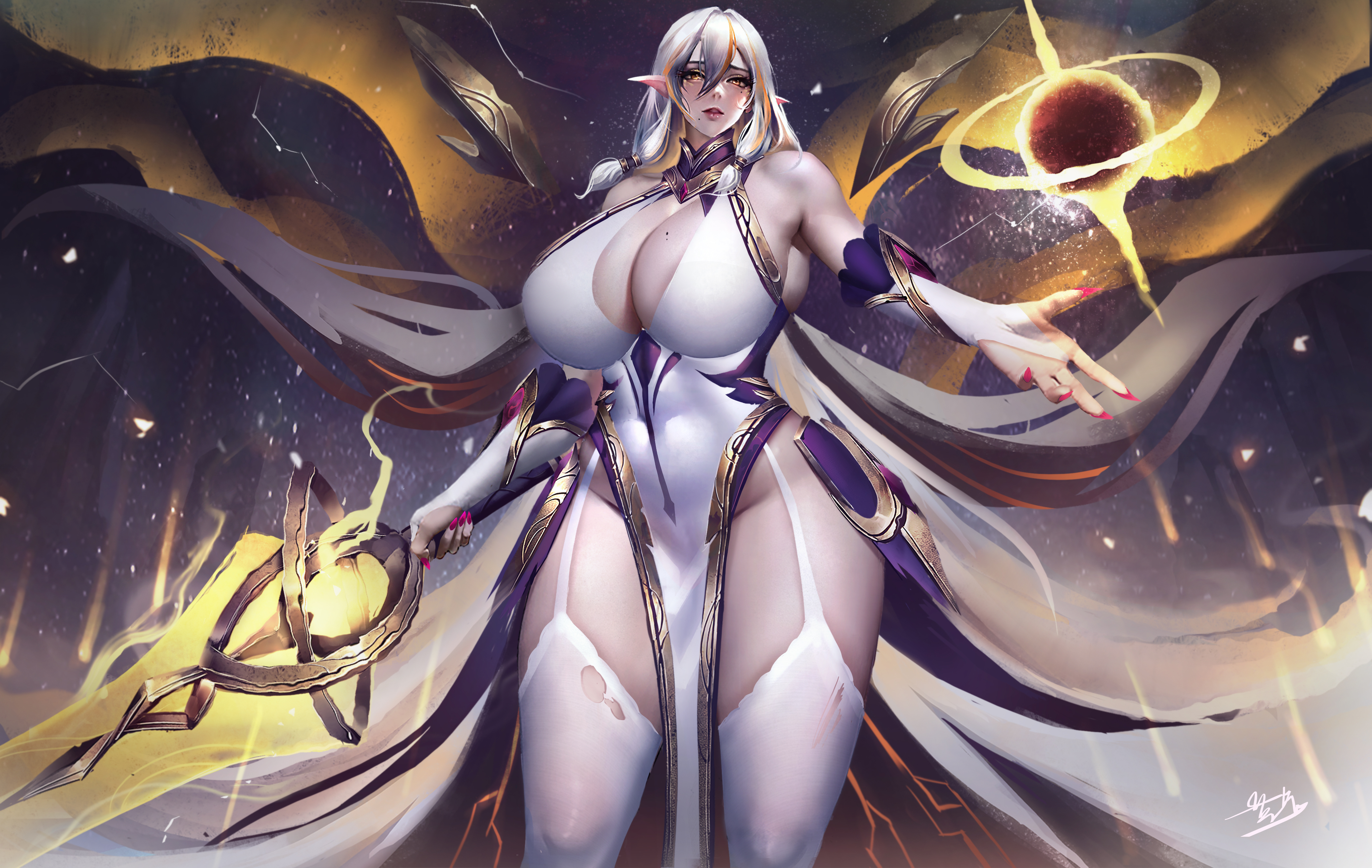 yuezoucanglan, highres, 1girl, blue hair, bracelet, breasts, covered eyes, curvy, elbow gloves, gloves, huge breasts, jewelry, long hair, magic, mask, mole, mole on breast, navel, nipples, nude, pussy, solo, very long hair, wide hips