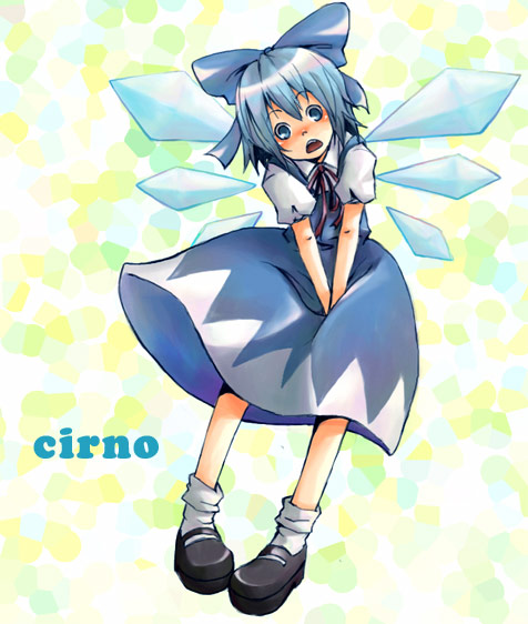 bisuke (bisco), hatomugi (mugicha), cirno, embodiment of scarlet devil, touhou, bad id, bad pixiv id, 1girl, blue hair, blush, bow, female focus, ribbon, short hair, socks, solo, wings