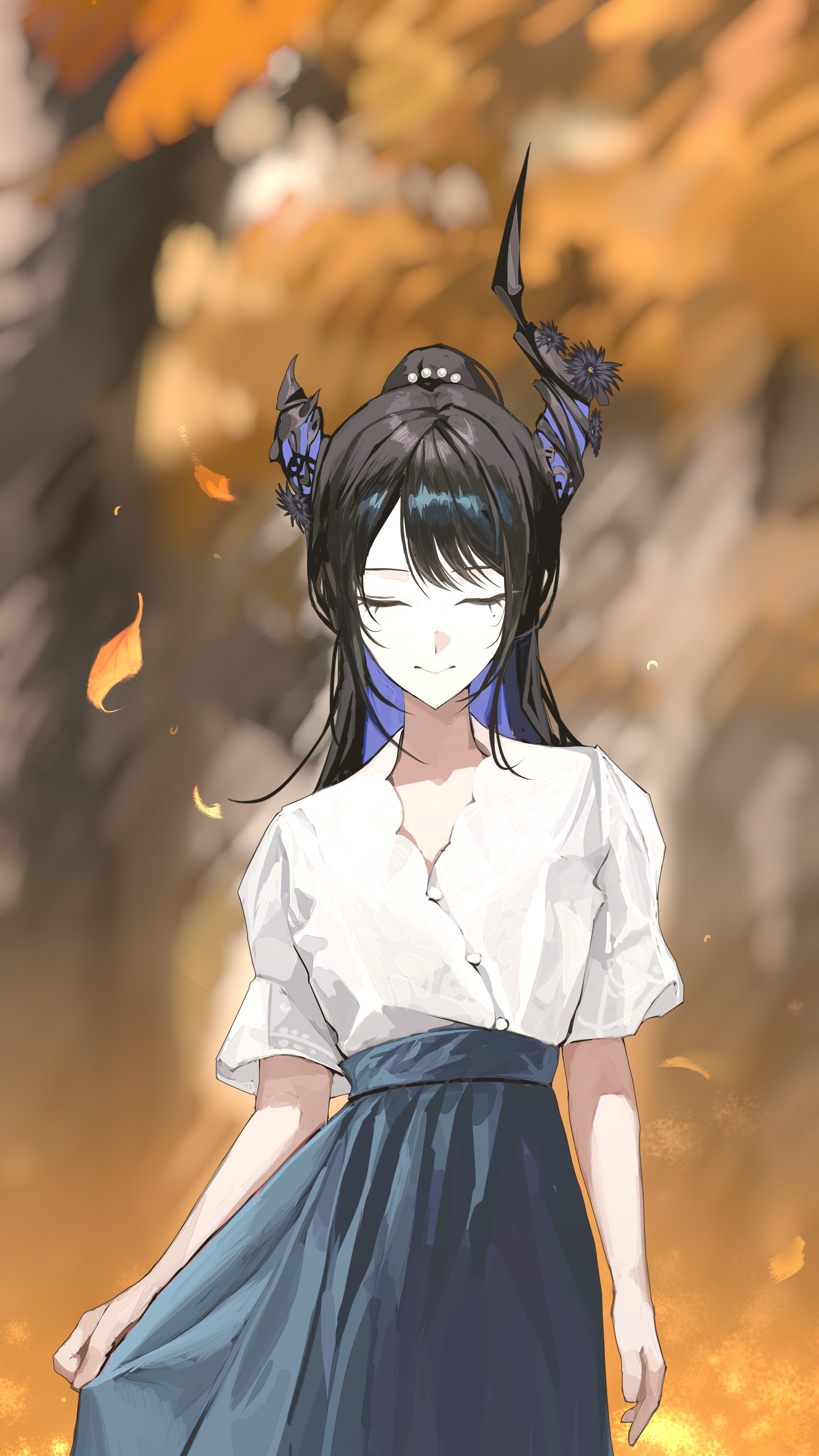 thekaiyip, nerissa ravencroft, hololive, hololive english, absurdres, highres, 1girl, alternate costume, asymmetrical horns, autumn leaves, black hair, black horns, blue hair, blue skirt, closed eyes, closed mouth, colored inner hair, horns, leaf, long hair, mole, mole under eye, multicolored hair, ponytail, shirt, skirt, solo, virtual youtuber, white shirt