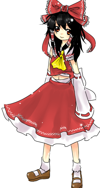 apfel, hakurei reimu, imperishable night, touhou, bad id, bad pixiv id, 1girl, female focus, japanese clothes, miko, navel, ribbon, simple background, skirt, solo, white background