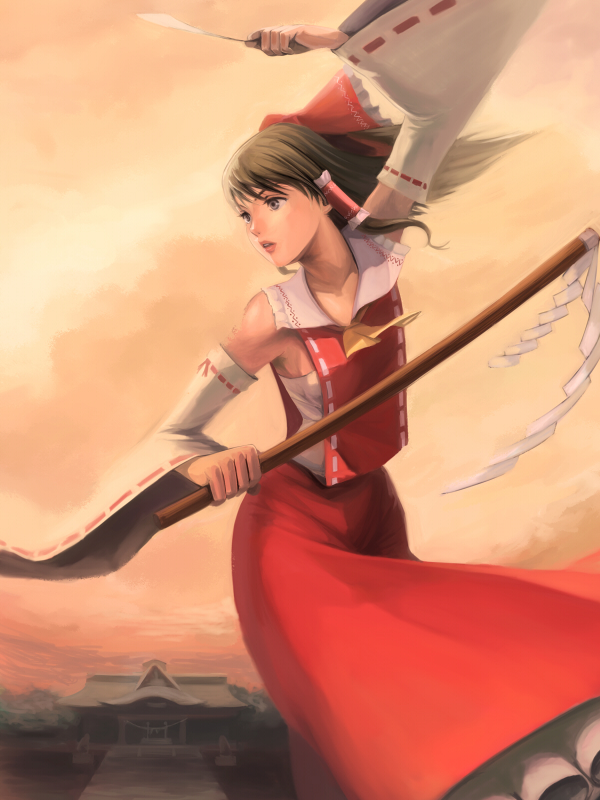 penpen (penpen1942), hakurei reimu, mountain of faith, touhou, bad id, bad pixiv id, 1girl, brown eyes, brown hair, female focus, gohei, japanese clothes, miko, ribbon, sky, solo