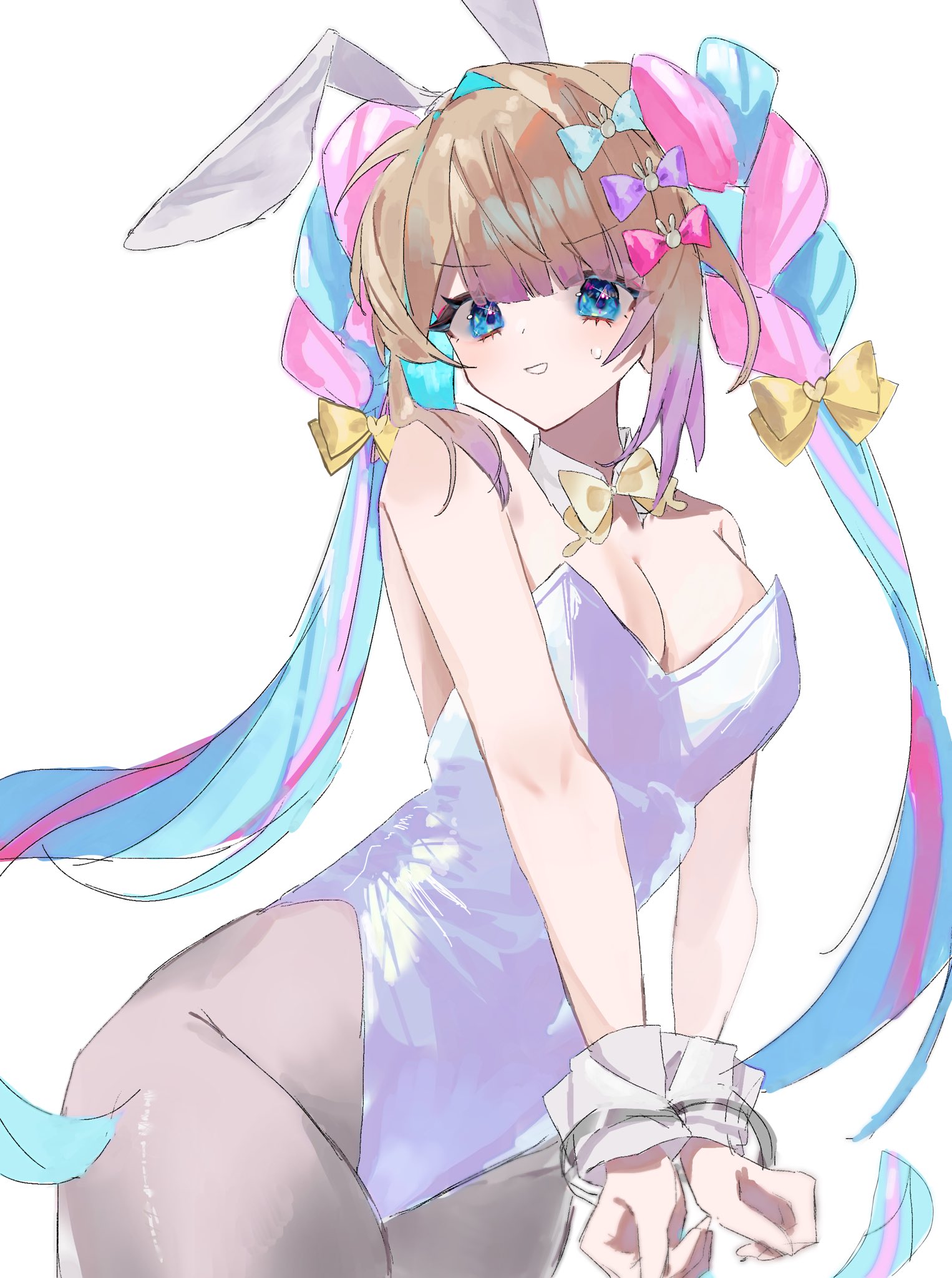 nakataa 7, chouzetsusaikawa tenshi-chan, needy girl overdose, highres, 1girl, animal ear hairband, animal ears, arched back, blonde hair, blue eyes, blue hair, blunt bangs, bound, bound wrists, bow, bowtie, collar, colored tips, fake animal ears, hair bow, hairband, leotard, looking at viewer, multicolored hair, multiple hair bows, open mouth, pantyhose, pink hair, playboy bunny, rabbit ear hairband, rabbit ears, solo, twintails, upper body, white leotard, white pantyhose, wrist cuffs