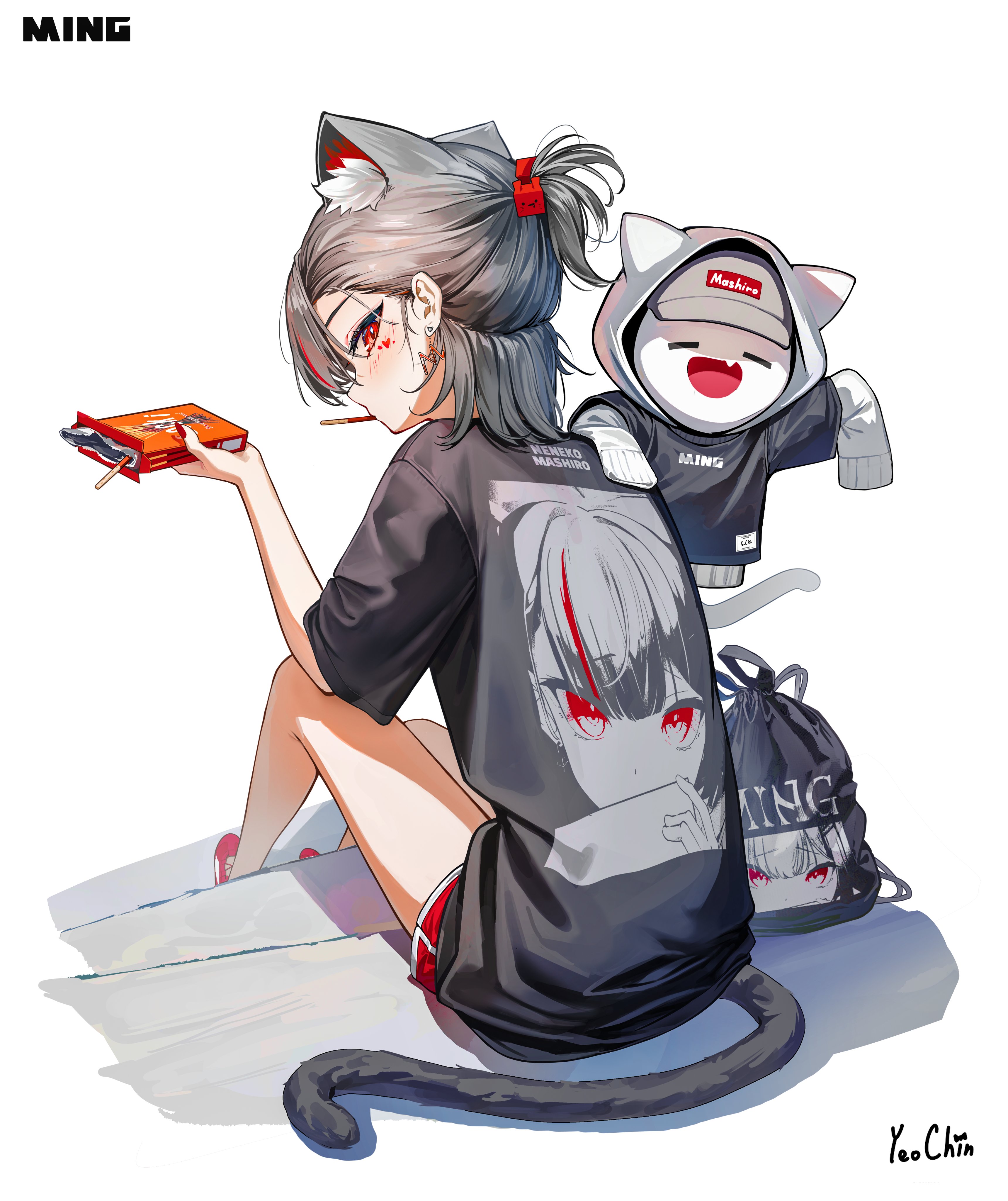 firehippo, neneko mashiro, stellive, absurdres, commentary request, highres, korean commentary, 1girl, :d, animal ear fluff, animal ear hood, animal ears, bag, bare legs, baseball cap, black bag, black shirt, blush, box, cat ears, cat girl, cat tail, character name, character print, closed eyes, cube hair ornament, drawstring, drawstring bag, earrings, elbow on knee, extra ears, facial mark, fake animal ears, fang, fingernails, food, food in mouth, from behind, full body, grey hair, grey hat, hair ornament, hair tie, hand on another's shoulder, hand up, hat, heart, heart facial mark, holding, holding box, hood, hood up, hooded sweater, jewelry, layered sleeves, looking at viewer, looking back, maro (neneko mashiro), medium hair, mouth hold, multicolored hair, nail polish, open mouth, pocky, pocky in mouth, ponytail, print shirt, red eyes, red nails, red shoes, red shorts, self character print, shadow, shirt, shoes, short ponytail, short shorts, short sleeves, shorts, sideways glance, simple background, sitting, sitting on stairs, sleeves past fingers, sleeves past wrists, smile, stairs, streaked hair, sweater, t-shirt, tail, turning head, virtual youtuber, white background, white sweater
