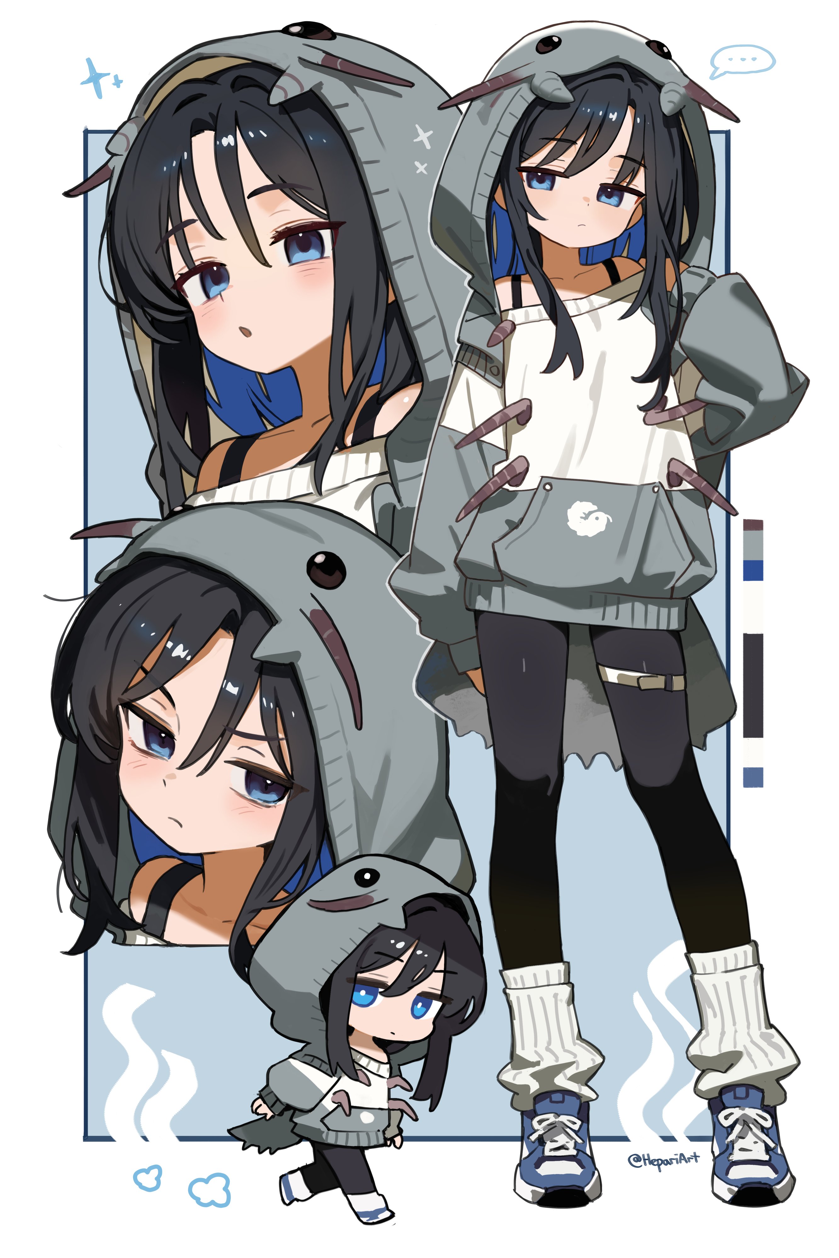 hepari, original, absurdres, highres, …, 1girl, black hair, blue eyes, blue hair, blue shoes, chibi, closed mouth, collarbone, colored inner hair, long hair, long sleeves, looking at viewer, multicolored hair, parted lips, shoes, sneakers, solo, speech bubble, spoken ellipsis, twitter username, two-tone hair
