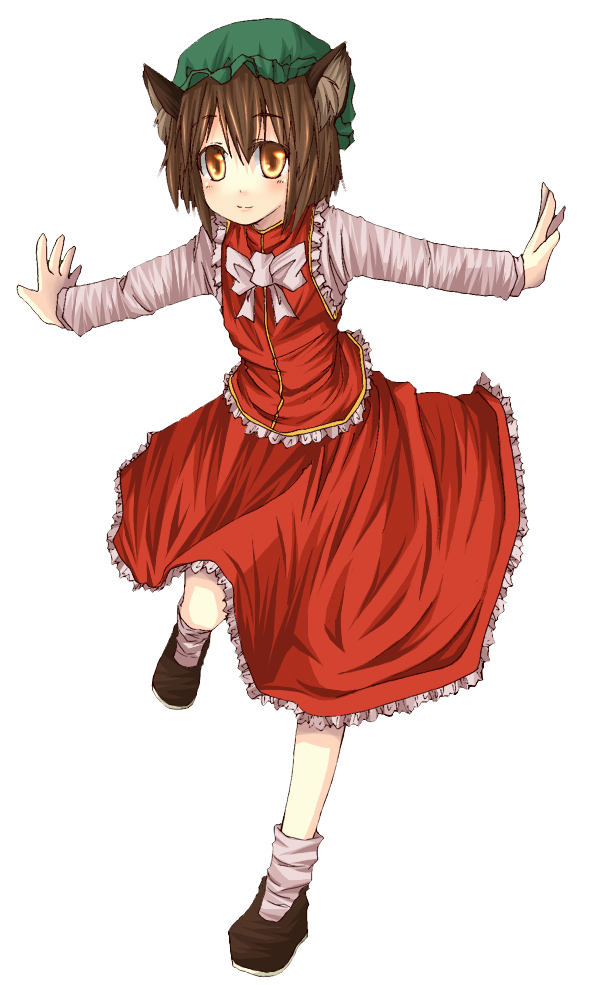 natsuk, chen, touhou, bad id, bad pixiv id, 1girl, animal ears, cat ears, cat girl, china dress, chinese clothes, dress, female focus, full body, hat, ribbon, short hair, simple background, solo, white background