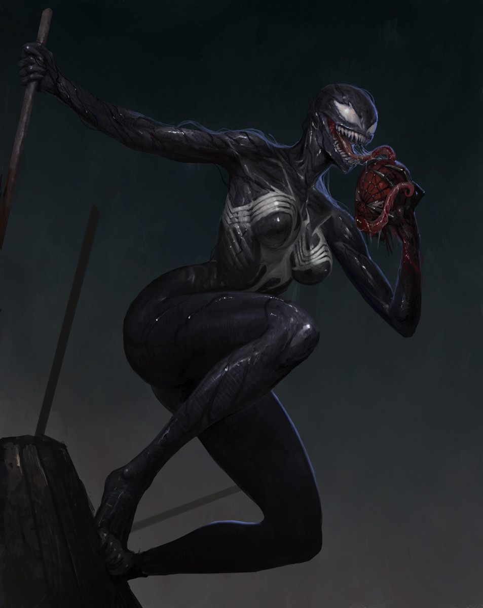 oleg bulakh, she-venom, spider-man, marvel, spider-man (series), commentary, highres, 1girl, breasts, full body, licking, long tongue, medium breasts, realistic, ribs, severed head, sharp teeth, solo, teeth, tongue, very long tongue