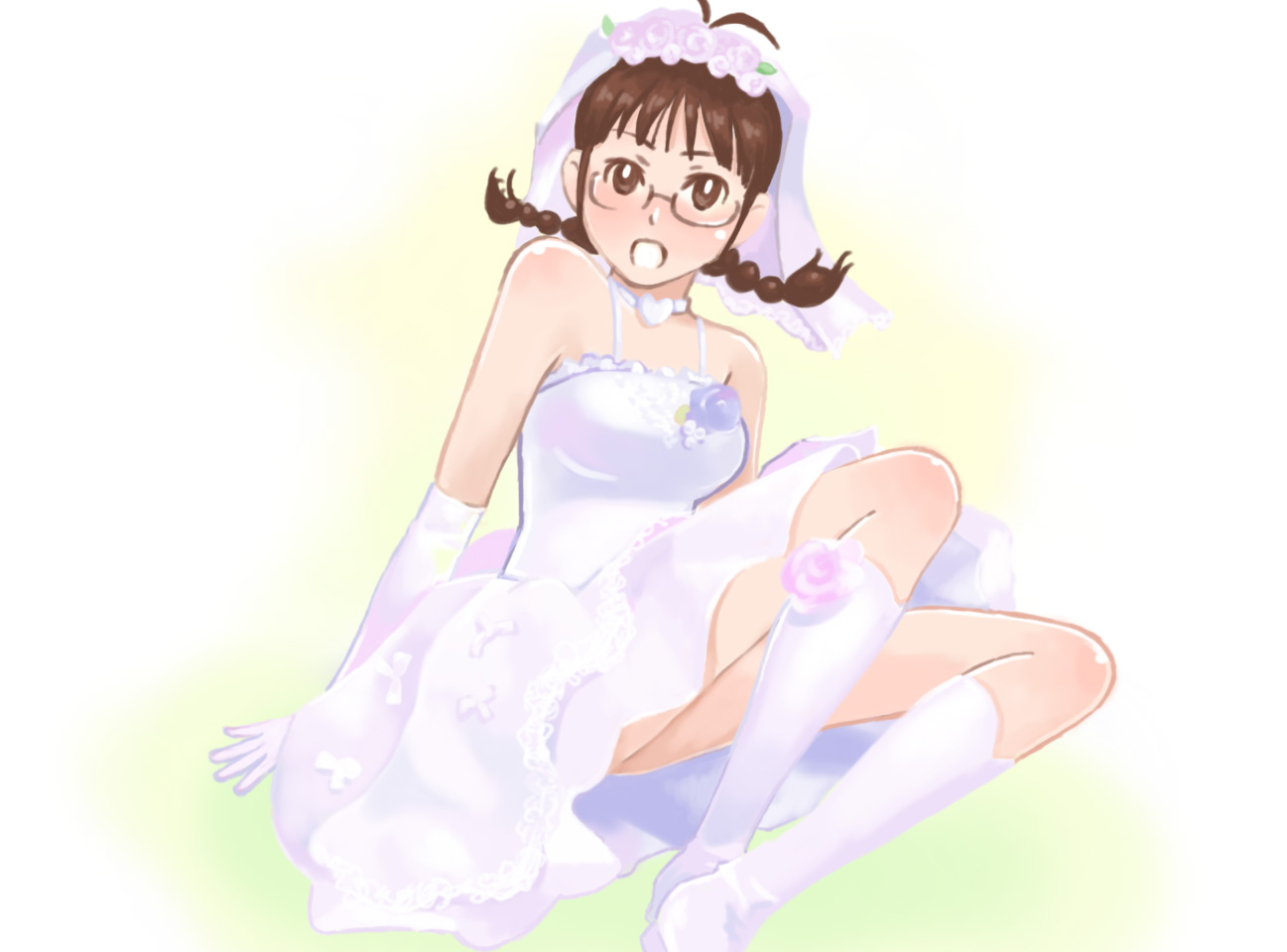vuipui, akizuki ritsuko, idolmaster, idolmaster (classic), 00s, braid, bride, brown eyes, brown hair, dress, elbow gloves, glasses, gloves, sitting, solo, twin braids, wedding dress