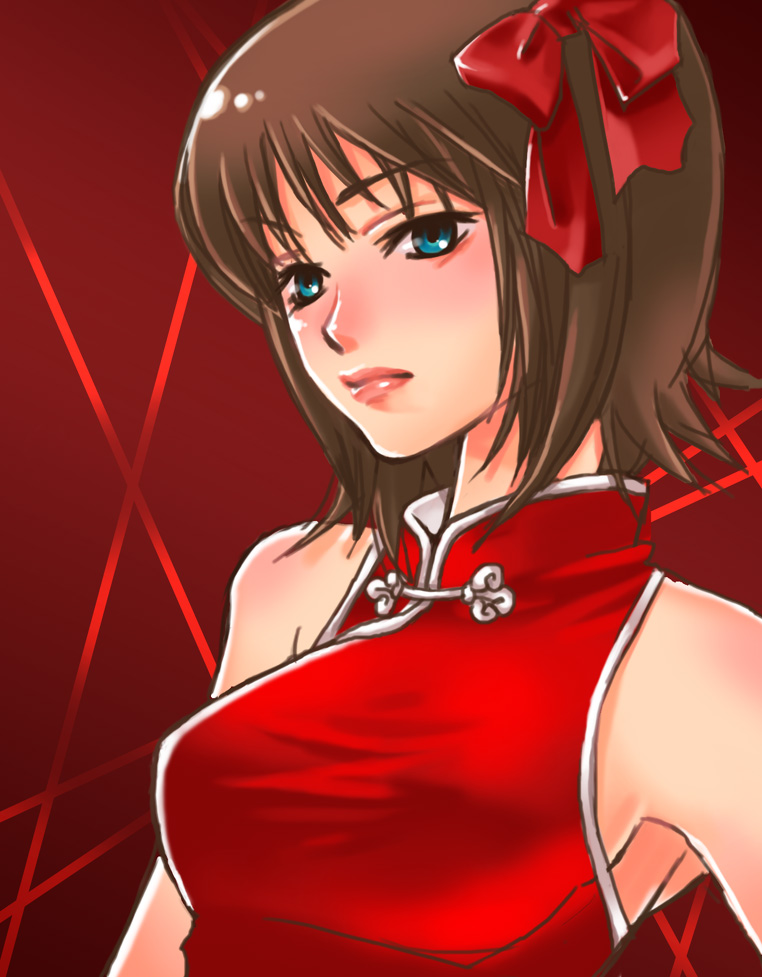 vuipui, amami haruka, idolmaster, idolmaster (classic), idolmaster 1, 00s, 1girl, blue eyes, blush, brown hair, china dress, chinese clothes, dress, female focus, lips, short hair, solo