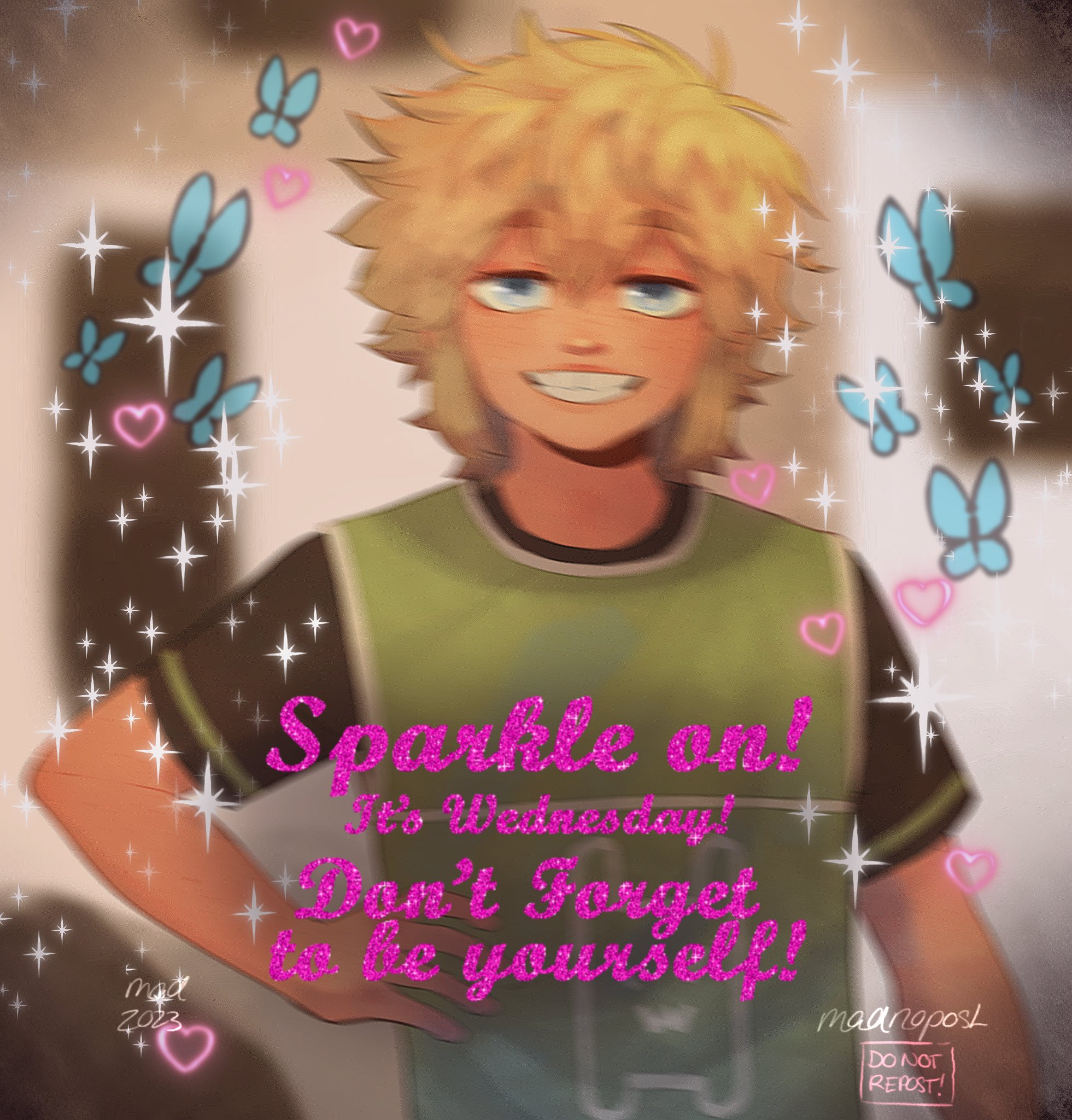 madnopost, basil (faraway) (omori), basil (omori), jerma985, omori, highres, 1boy, 2023, alternate costume, alternate universe, antenna hair, artist name, blonde hair, blue eyes, blurry, double-parted bangs, english text, freckles, hand on own hip, indoors, looking at viewer, male focus, meme, open mouth, short hair, short sleeves, smile, solo, sparkle on! it's wednesday! don't forget to be yourself! (meme), teeth, tooth gap