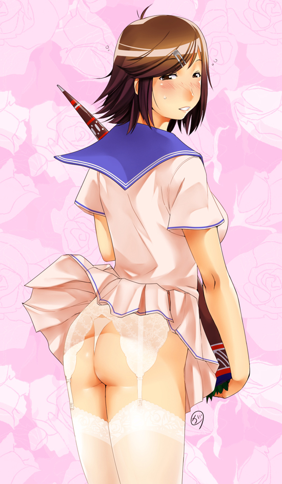 ganto, shizuoka mirei, kenkou zenrakei suieibu umishou, lace-trimmed legwear, 1girl, ass, blush, brown eyes, brown hair, female focus, garter belt, hair ornament, hairclip, lace, lace trim, lingerie, panties, school uniform, serafuku, short hair, solo, thighhighs, thong, underwear, white thighhighs, wind, wind lift