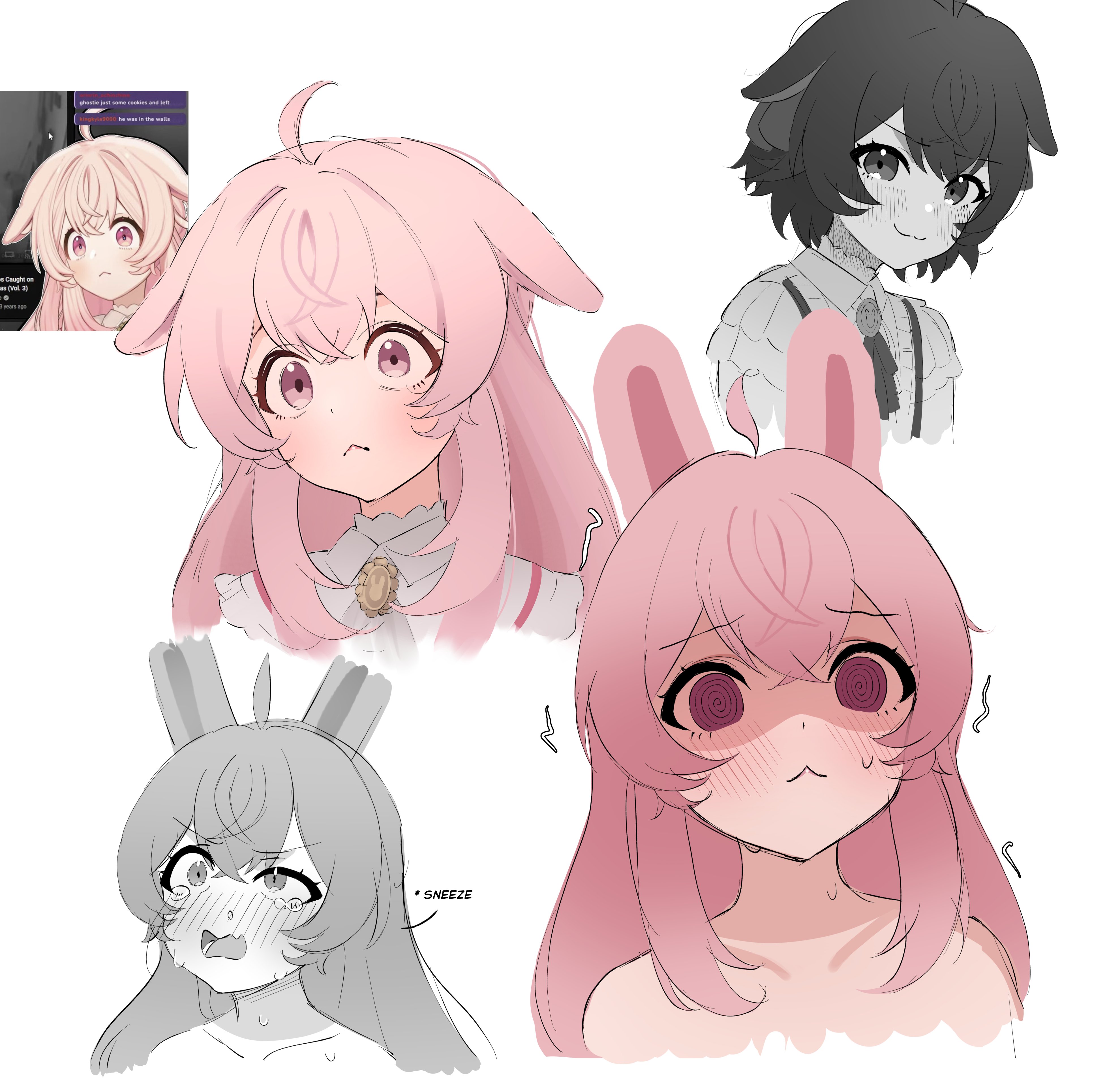 anyormal, pipkin pippa, pipkin pippa (1st costume), pipkin pippa (shipkin shippa), phase connect, absurdres, highres, 1girl, :3, ahoge, blush, greyscale, long hair, looking at viewer, monochrome, official alternate costume, official alternate hairstyle, pink eyes, rabbit girl, shirt, smile, solo, virtual youtuber, white shirt
