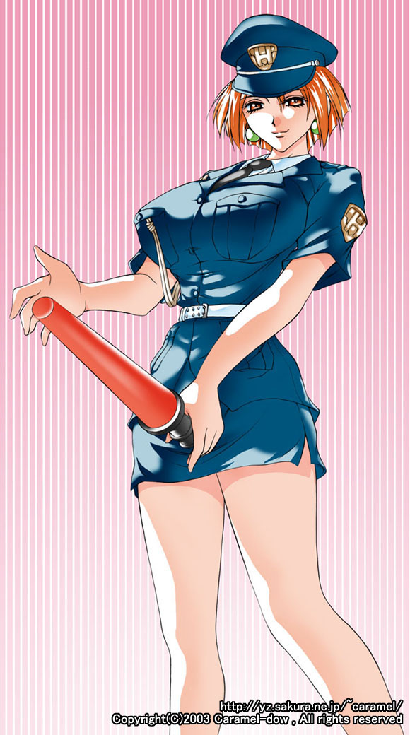 carameldow, 1girl, breasts, brown eyes, female focus, hat, huge breasts, legs, orange hair, peaked cap, police, police uniform, policewoman, sexually suggestive, short hair, solo, watermark
