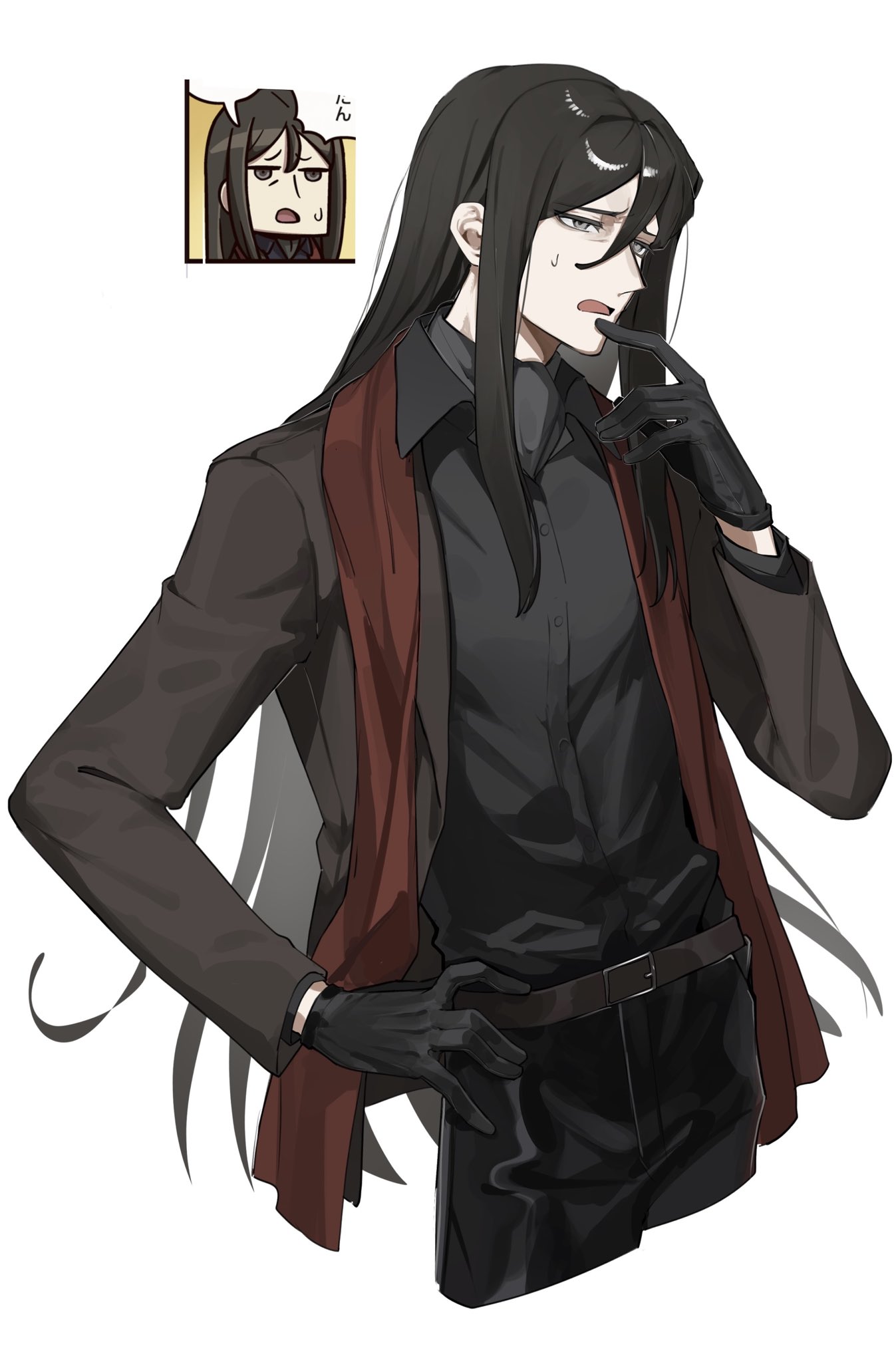 tokoni fusu, lord el-melloi ii, waver velvet, fate/grand order, fate (series), highres, 1boy, belt, black gloves, black hair, black pants, black shirt, brown belt, brown jacket, collared shirt, cropped legs, gloves, grey eyes, hair between eyes, hand on own hip, jacket, long hair, male focus, pants, reference inset, shirt, shirt tucked in, simple background, small sweatdrop, solo, white background