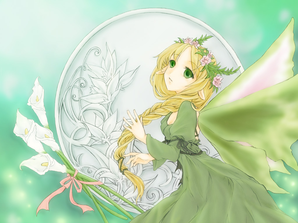 mavka, ragnarok online, commentary request, 1girl, aries end, blonde hair, braid, calla lily, cowboy shot, dress, expressionless, flower, green dress, green eyes, green wings, hair flower, hair ornament, head tilt, long hair, looking at viewer, looking to the side, open mouth, pink flower, pointy ears, side braid, single braid, solo, white flower, wings