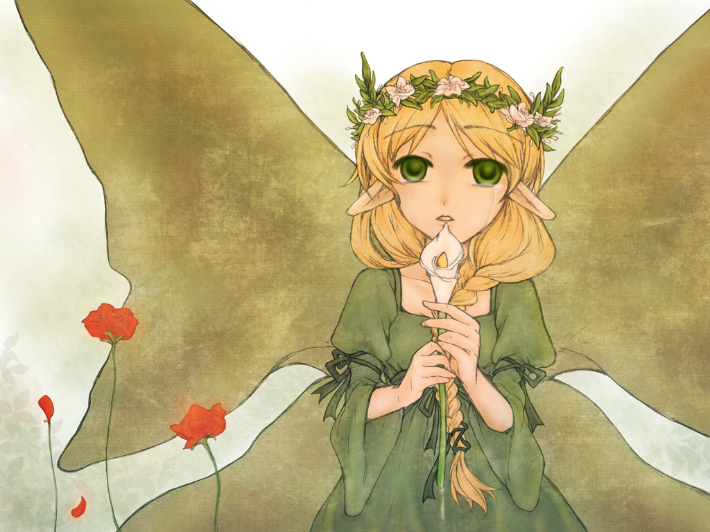 mavka, ragnarok online, commentary request, 1girl, aries end, blonde hair, braid, calla lily, dress, flower, green dress, green eyes, green wings, head wreath, holding, holding flower, juliet sleeves, long sleeves, looking at viewer, open mouth, pink flower, pointy ears, puffy sleeves, red flower, short hair, side braid, single braid, solo, tears, tears from one eye, upper body, white background, white flower, wings
