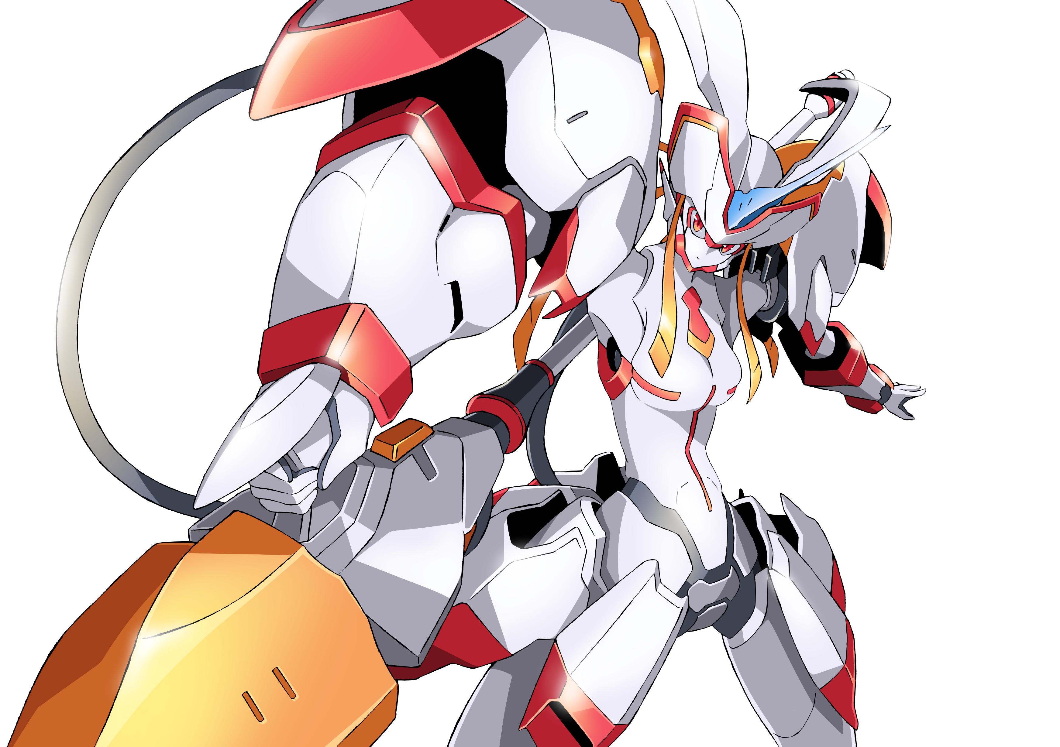 kumichou (ef65-1118-ef81-95), strelizia, darling in the franxx, absurdres, highres, 1girl, artificial eye, holding, holding polearm, holding weapon, horns, humanoid robot, lance, looking at viewer, mecha, mechanical arms, mechanical eye, mechanical hands, mechanical horns, mechanical neck, mechanical necktie, mechanical skirt, necktie, pleated skirt, polearm, robot, robot girl, simple background, single horn, single mechanical horn, skirt, weapon, white background