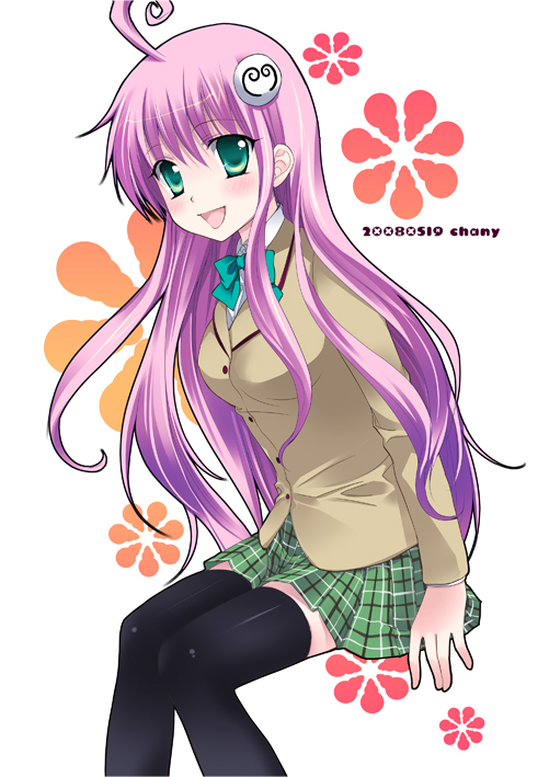 chany, lala satalin deviluke, peke (to love-ru), to love-ru, 00s, 1girl, :d, ahoge, aqua eyes, black thighhighs, blue bow, blue bowtie, bow, bowtie, buttons, female focus, green skirt, hair ornament, hairpin, long hair, long sleeves, looking at viewer, open mouth, plaid clothes, plaid skirt, school uniform, serafuku, sitting, skirt, smile, solo, thighhighs, very long hair, zettai ryouiki