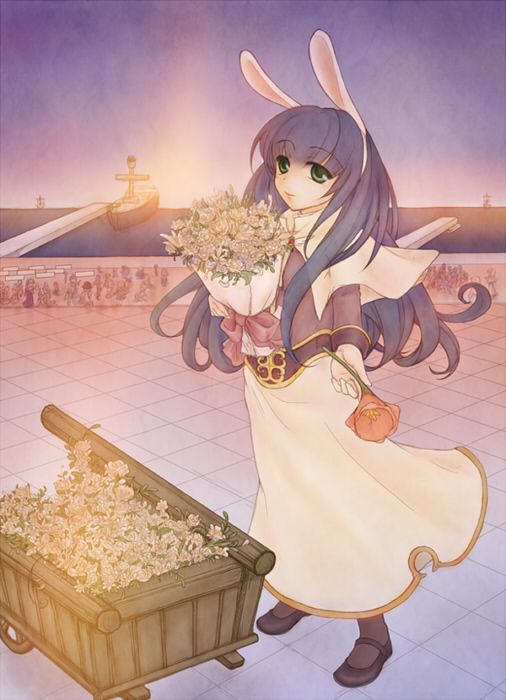 acolyte (ragnarok online), ragnarok online, commentary request, textless version, 1girl, animal ears, aries end, black shoes, blue sky, boat, bouquet, brown shirt, brown socks, capelet, clear sky, closed mouth, dock, fake animal ears, flower, full body, green eyes, holding, holding bouquet, in-universe location, long hair, long sleeves, looking at viewer, orange flower, outdoors, pier, pullcart, purple hair, shirt, shoes, skirt, sky, smile, socks, solo, sunset, watercraft, white capelet, white flower, white skirt
