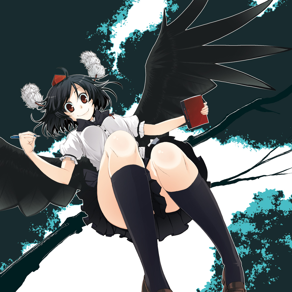 kabayaki unagi, shameimaru aya, touhou, 1girl, between legs, bird wings, black hair, black skirt, black wings, bow, bowtie, breasts, brown eyes, feathered wings, female focus, from below, hat, looking at viewer, looking down, notebook, outdoors, pen, plant, pom pom (clothes), red hat, skirt, smile, solo, thighs, tokin hat, tree, wings