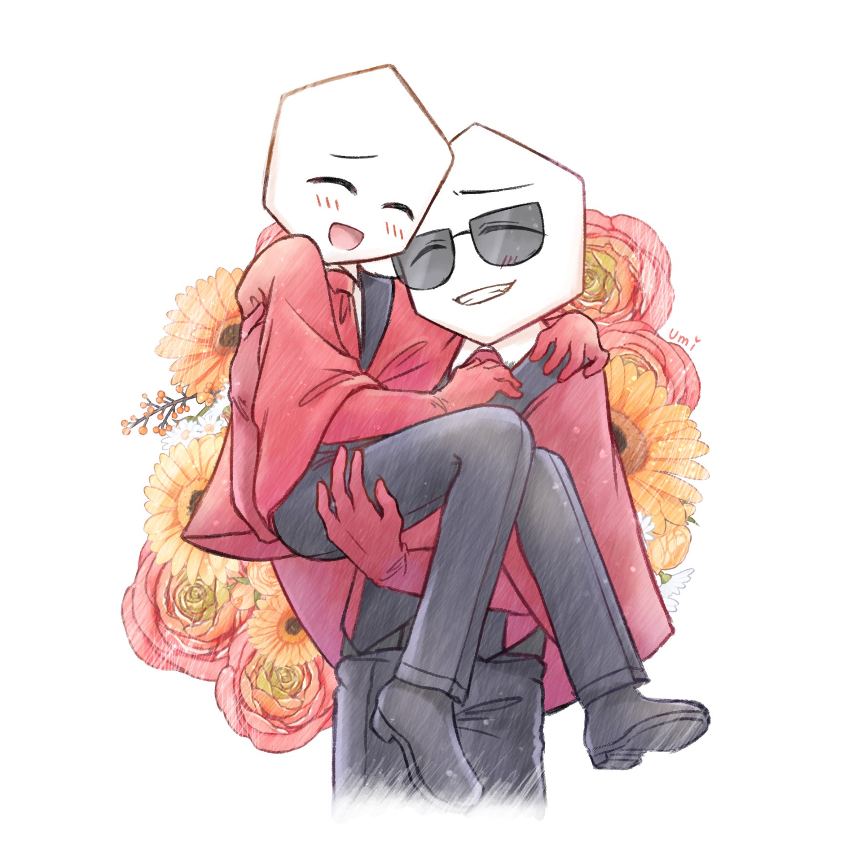deltarune, utdr (toby fox), flower request, highres, 2others, arm around neck, black pants, black shoes, blush, carrying, carrying person, closed eyes, collared shirt, f t ura, flower, hand on another's shoulder, multiple others, necktie, pants, pippins (deltarune), red necktie, shirt, shoes, smile, sunglasses, teeth, white shirt