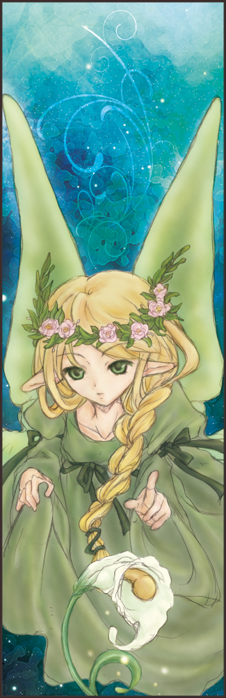 mavka, ragnarok online, commentary request, 1girl, aries end, blonde hair, blue background, braid, calla lily, closed mouth, dress, expressionless, flower, full body, green dress, green eyes, green wings, hair flower, hair ornament, juliet sleeves, long hair, long sleeves, looking at viewer, pink flower, pointy ears, puffy sleeves, side braid, single braid, sitting, solo, white flower, wide sleeves, wings