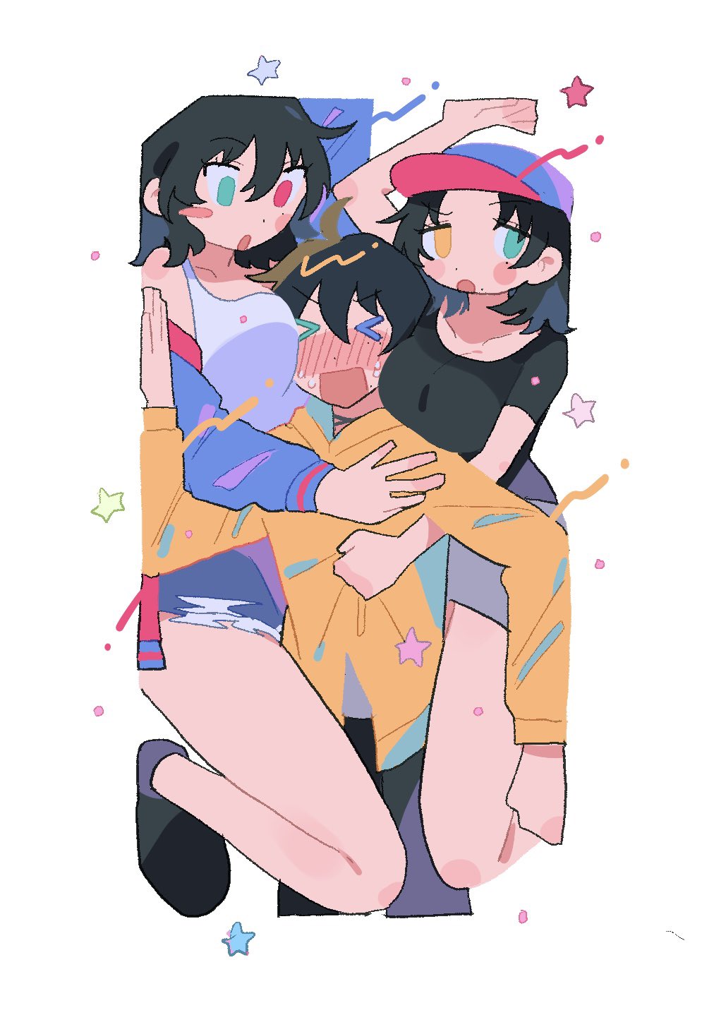 yamada ichiro, yamada jiro, yamada saburo, hypnosis mic, highres, > <, 1boy, 2girls, :o, ahoge, arm up, baseball cap, between breasts, between legs, black choker, black hair, black shirt, black shoes, blue hat, blue jacket, blush, blush stickers, breast press, breasts, brother and sister, buster bros!!!, choker, choppy bangs, cleavage, cocked eyebrow, collarbone, colored eyelashes, cropped legs, denim, denim shorts, dot nose, face between breasts, flustered, genderswap, genderswap (mtf), girl sandwich, green eyes, grey skirt, hair between eyes, hat, head between breasts, heterochromia, hood, hood down, hoodie, jacket, knee blush, large breasts, long sleeves, looking at another, medium hair, miniskirt, mole, mole under eye, mole under mouth, multiple girls, multiple moles, off shoulder, open mouth, parted bangs, raised eyebrows, red eyes, red hat, red jacket, sandwiched, shirt, shoes, short hair, short shorts, short sleeves, shorts, siblings, simple background, ske tigridia, skirt, star (symbol), stuck in a box, sweatdrop, t-shirt, tank top, tareme, torn clothes, torn shorts, two-tone hat, v-shaped eyebrows, white background, white tank top, yellow eyes, yellow hoodie