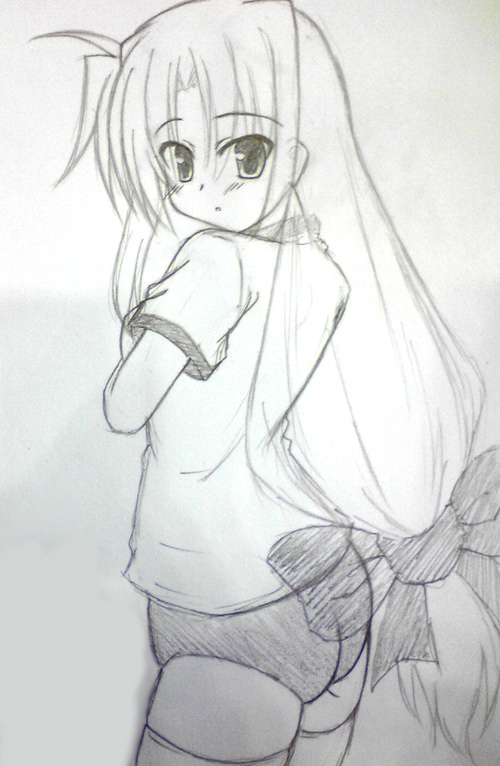fate testarossa, lyrical nanoha, mahou shoujo lyrical nanoha, 00s, 1girl, female focus, greyscale, long hair, low-tied long hair, monochrome, solo, thighhighs