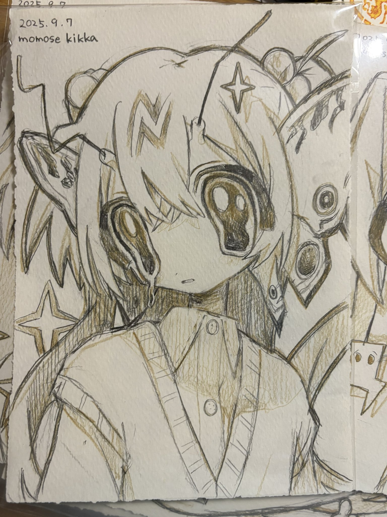 momose kikka, original, graphite (medium), highres, traditional media, 1girl, antennae, arthropod girl, artist name, butterfly girl, butterfly wings, buttons, collared shirt, dated, head wings, insect wings, looking at viewer, portrait, shirt, signature, solo, sparkle, sweater vest, wings