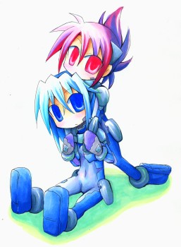 harapeko, haruse hiroki, satsuki suzuran, numbers (nanoha), sein (nanoha), wendi (nanoha), lyrical nanoha, mahou shoujo lyrical nanoha, mahou shoujo lyrical nanoha strikers, lowres, 00s, 2girls, blue eyes, blush, bodysuit, breasts, covered navel, folded ponytail, full body, hair between eyes, head tilt, hug, looking at viewer, multiple girls, pink hair, red eyes, short hair, sitting, skin tight, tareme, yuri