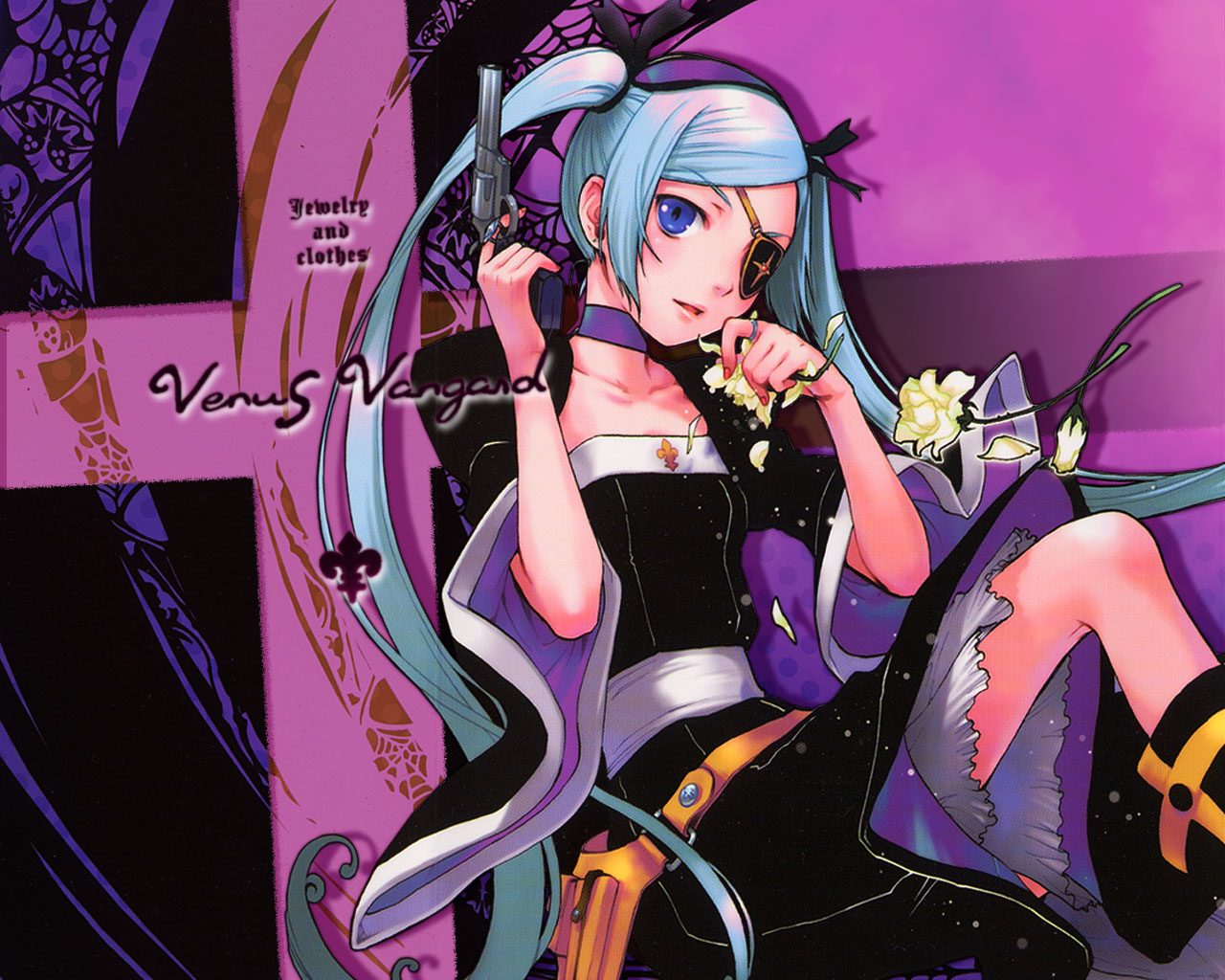 nahashi lucia, venus versus virus, 00s, 1girl, eyepatch, female focus, flower, frills, gun, handgun, revolver, solo, twintails, weapon