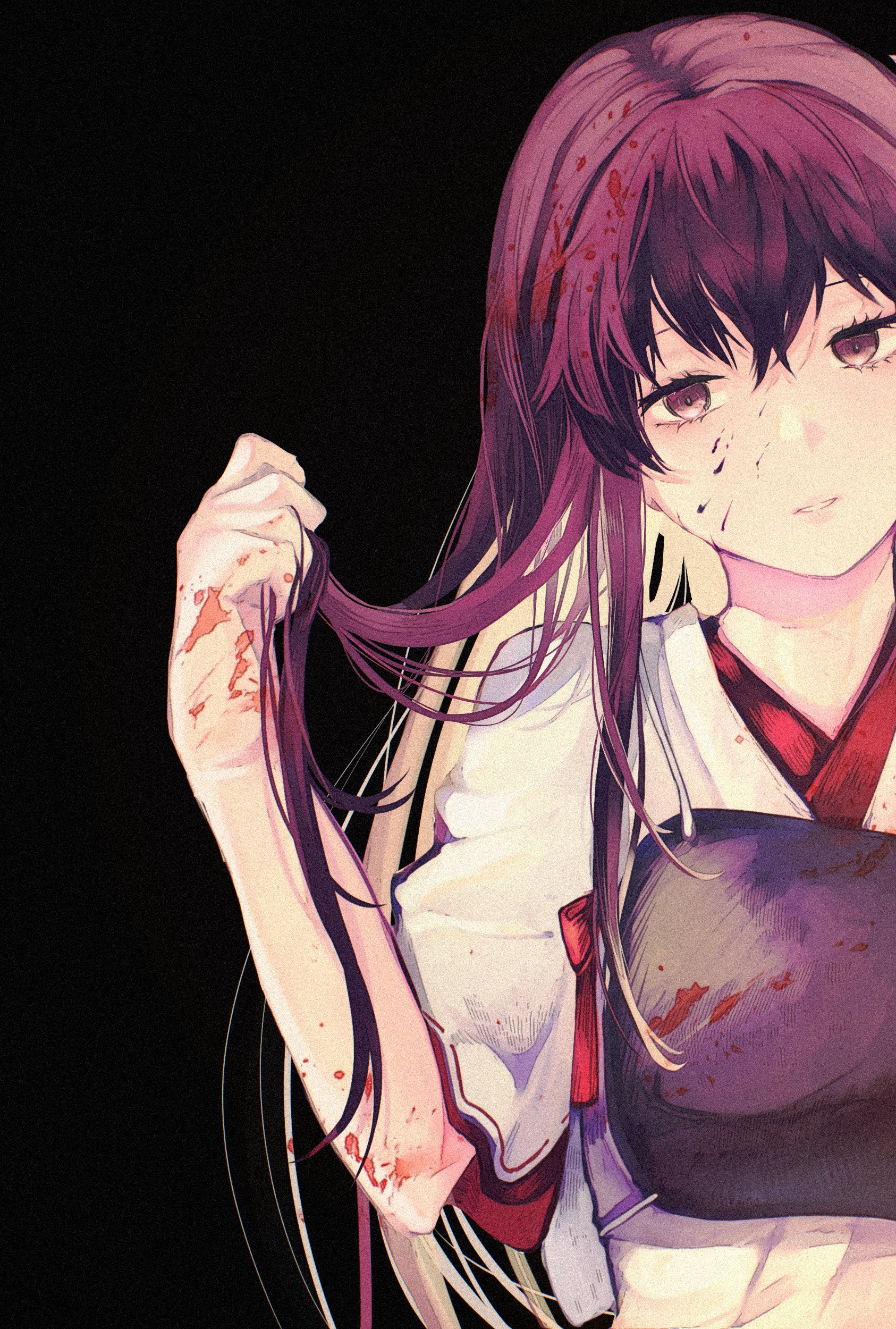 kouga (mutsumi), akagi (kancolle), kantai collection, absurdres, commentary request, highres, 1girl, black background, black hair, blonde hair, blood, blood on face, blood on hands, brown eyes, hair between eyes, japanese clothes, kimono, long hair, looking at viewer, multicolored hair, muneate, parted lips, red hair, simple background, solo, tasuki, upper body, white kimono